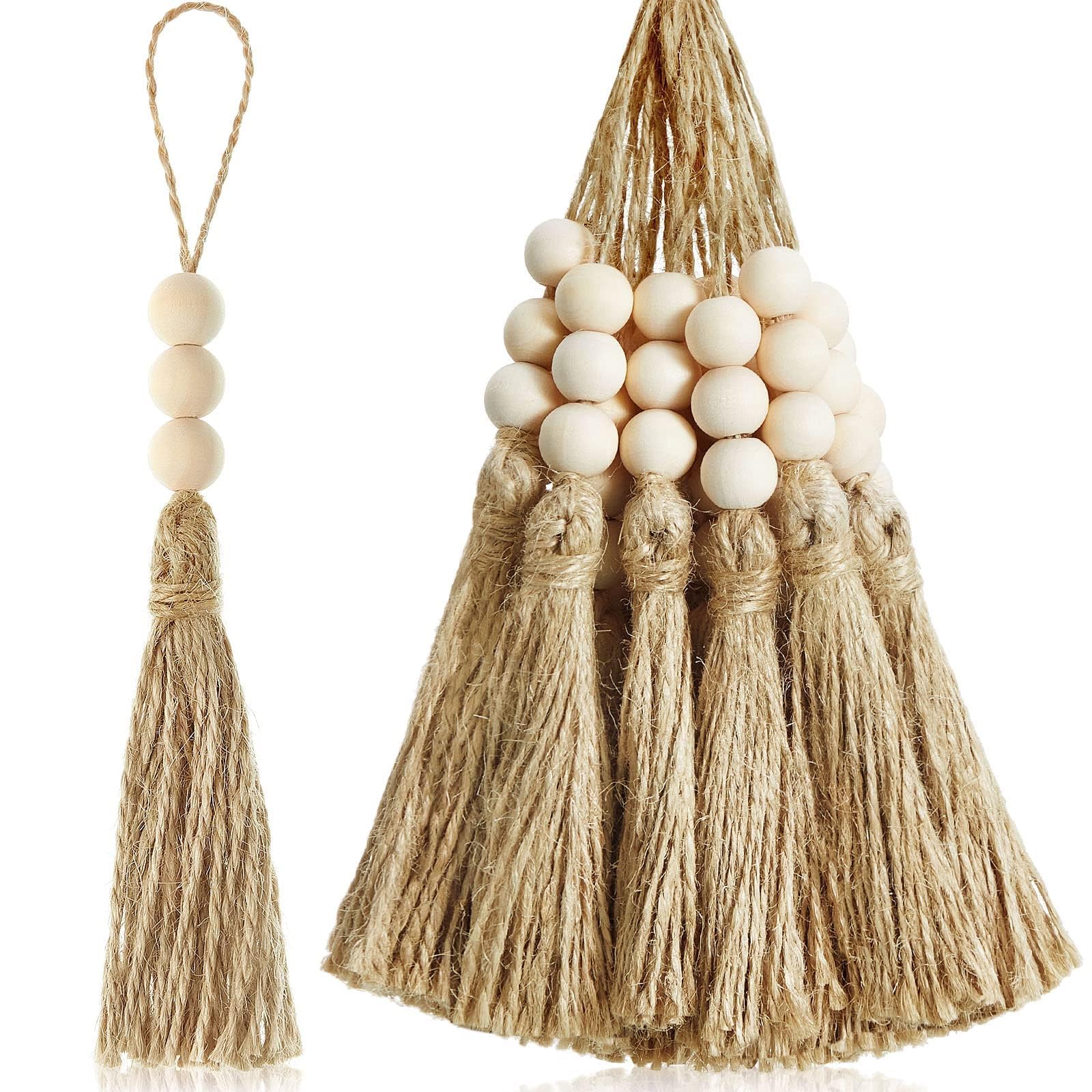 Jute Tassels with 3 Wood Beads, Natural Jute Rope Tassels Beaded Tassels for Crafts Farmhouse Decorative Sewing Tassels Home Decor Tassels for Wedding Party Garland DIY Projects Decorations, 30 Sets