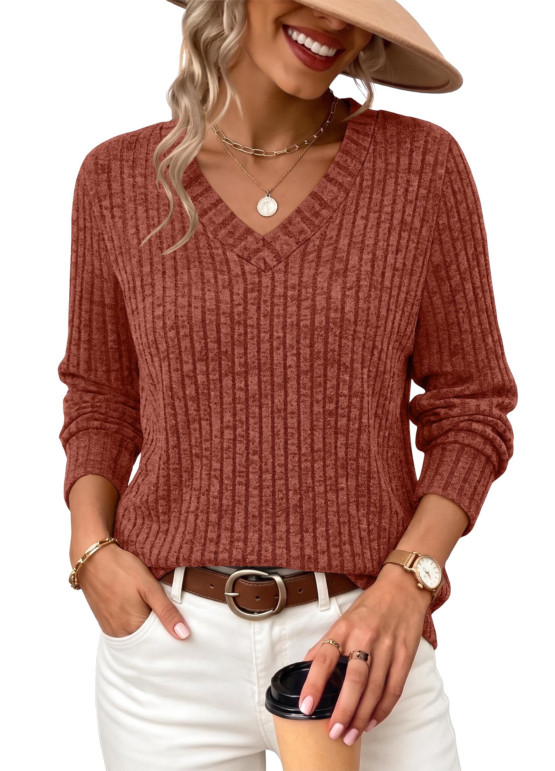 Sampeel V Neck Long Sleeve Shirts for Women Casual Fall Tops Lightweight Tunic Sweaters Fashion Clothes Loose Fit 2025