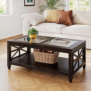 Solid Wood Rectangle Coffee Table with Tempered Glass, 2-Tier Wooden Cocktail Table Rustic Country Espresso Center Table Large Dual Glass Coffee Table with Storage Shelf for Living Room, 45.5x26x19in