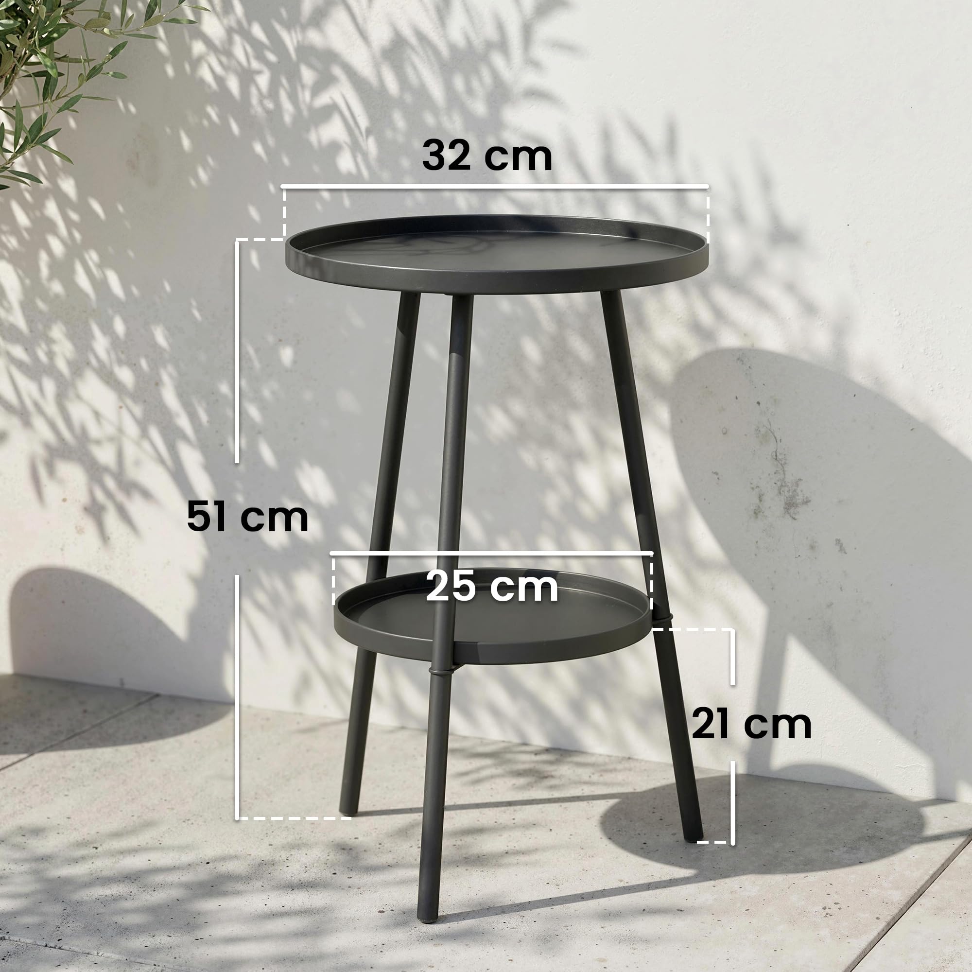 Outsunny Mesa de Jardín Redonda de 2 Niveles Mesa de Terraza Exterior Ø32x51 cm con Bandeja Inferior y Estructura de Metal para Exterior e Interior Negro