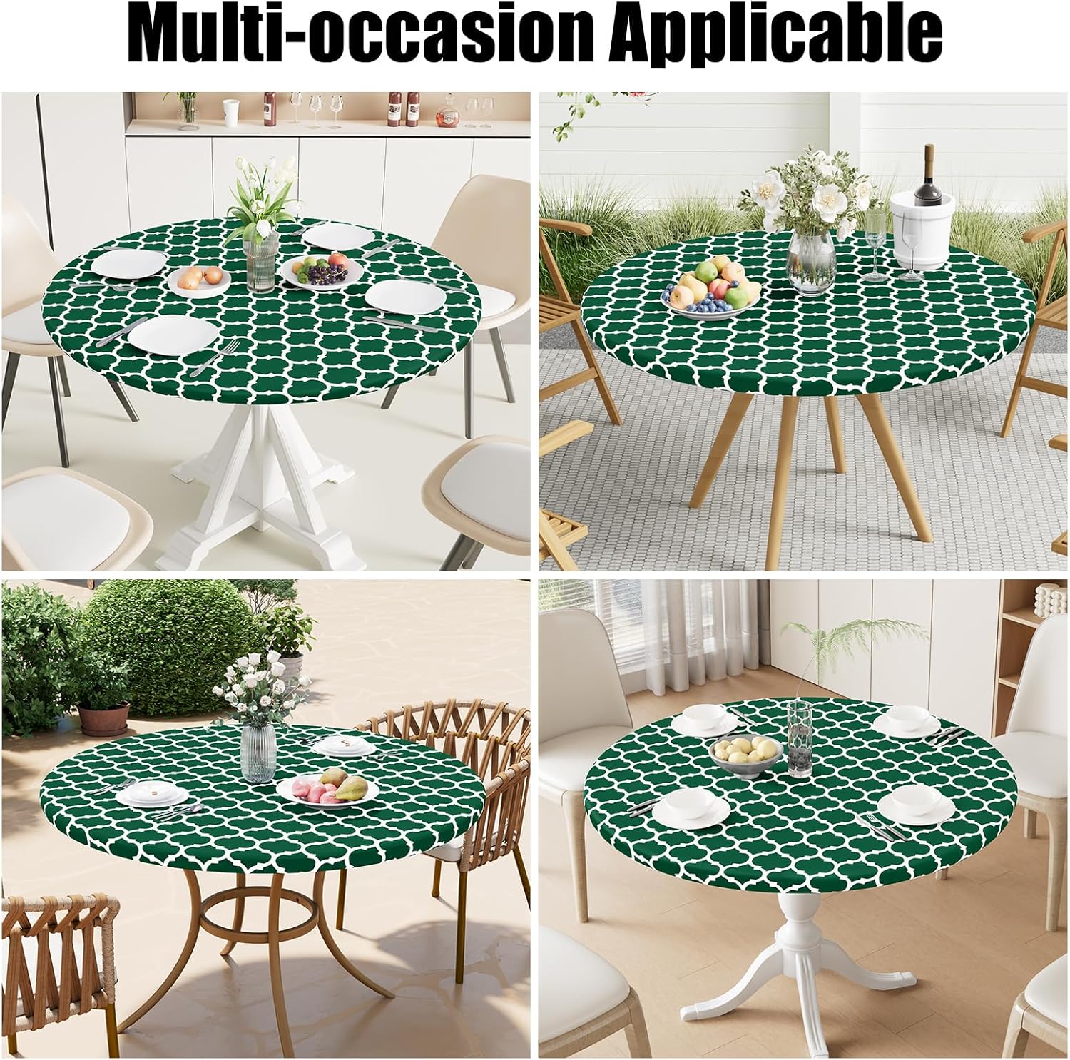 Smiry Round Picnic Tablecloth, Waterproof Elastic Fitted Table Covers for 45" - 56" Tables, Wipeable Flannel Backed Vinyl Tablecloths for Camping, Indoor, Outdoor, Emerald Green & White