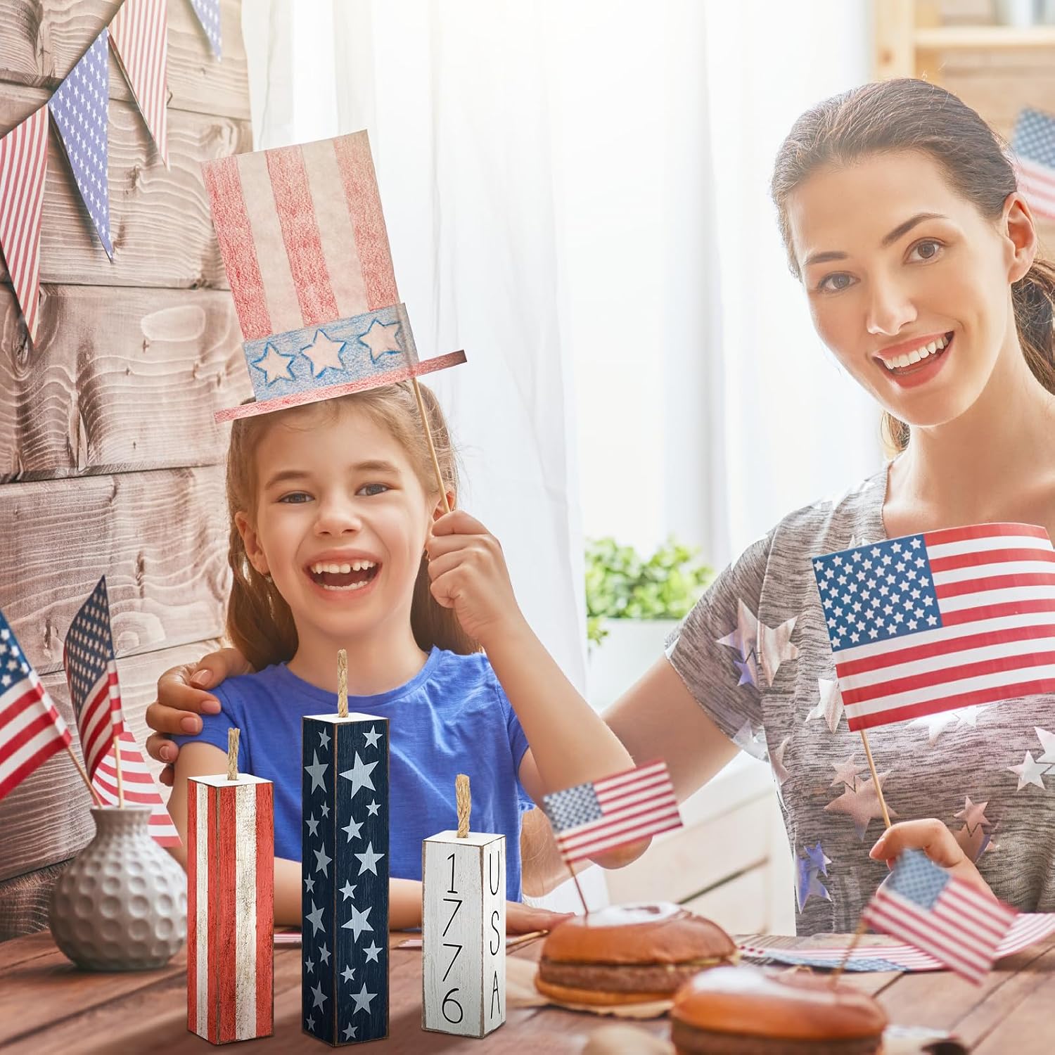 Amyhill 3 Pcs 4th of July Decorations Set Wooden Patriotic Table Centerpieces Independence Day Wood Firework Fourth of July Table Signs for 250th Anniversary Home Farmhouse Decor (Classic Style)