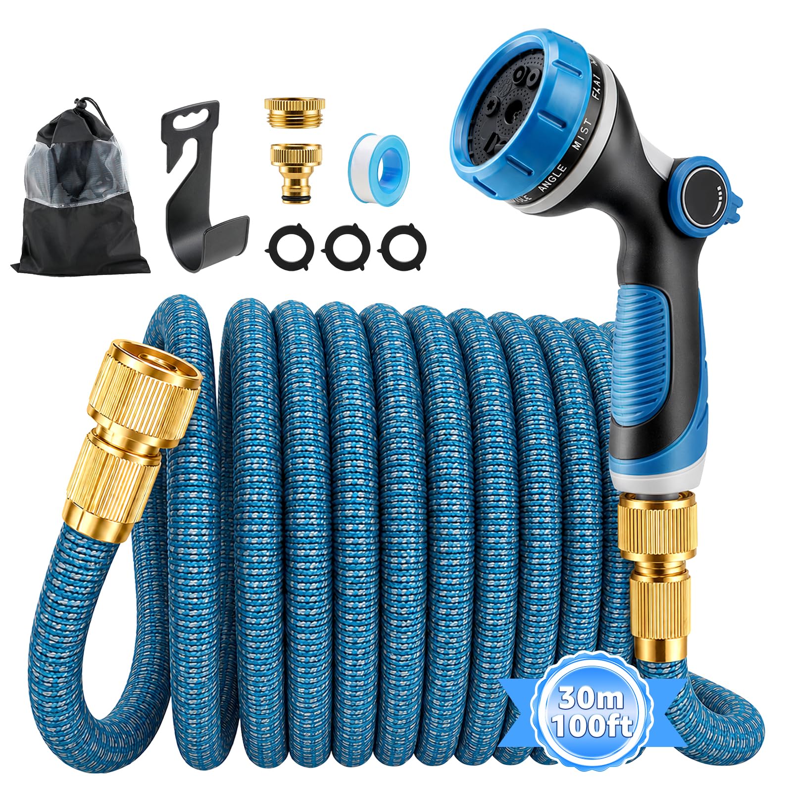 Sefitopher 100FT Expandable Garden Hose, 10 Pattern Spray Nozzle Push Switch, 3750D Heavy Duty 4-Layer Latex Core Water Hose, 1/2" 3/4" Connector Leak Proof Retractable Garden Water Pipe 10-30M
