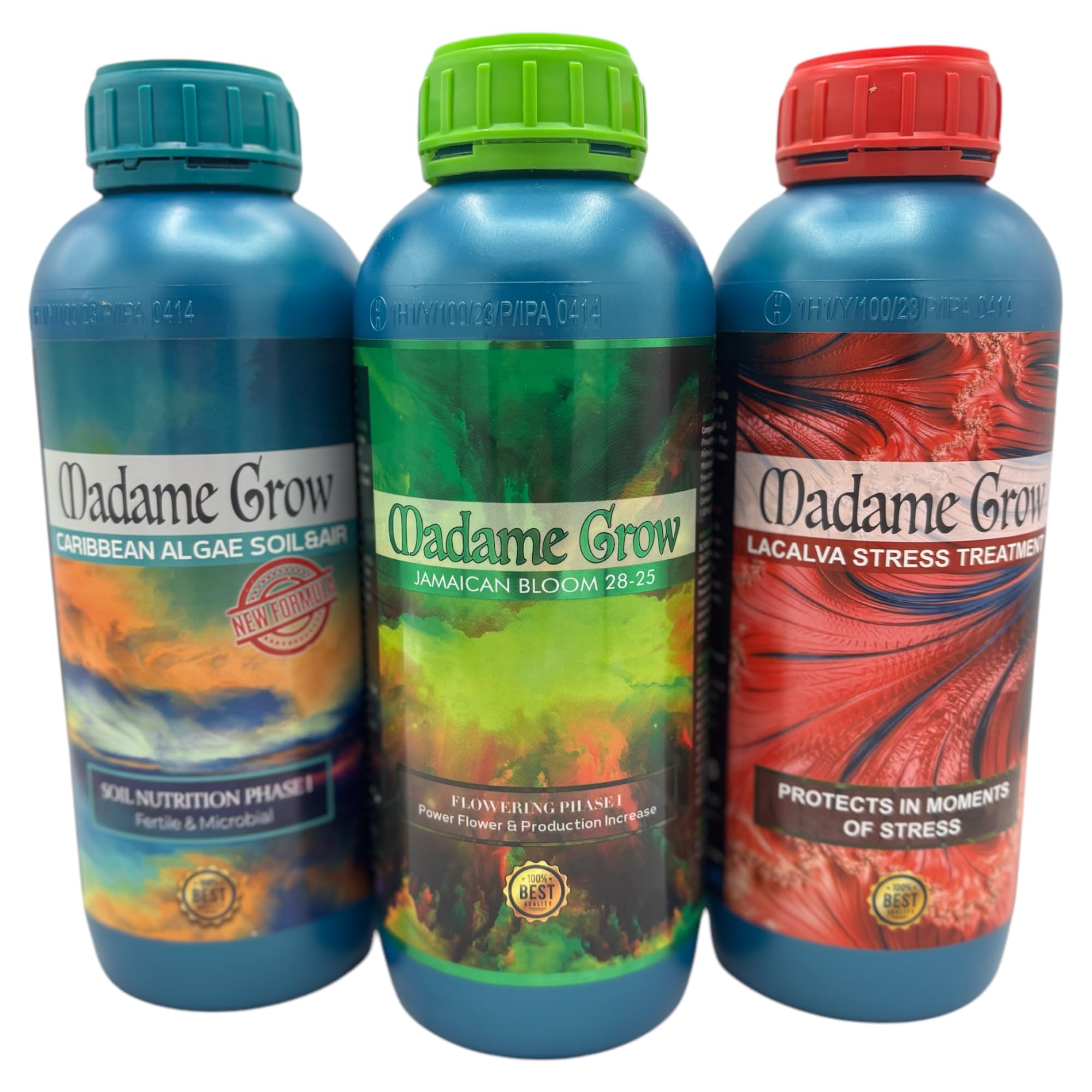 MADAME GROW Eco NPK Kit 3 x 1 L, Jamaican + Lacalva + Caribbean, Fertilizzante per Piante, Concime per Piante, Fertilizzante per Alghe, Concime per Fioritura, Nutrizione ed Energia