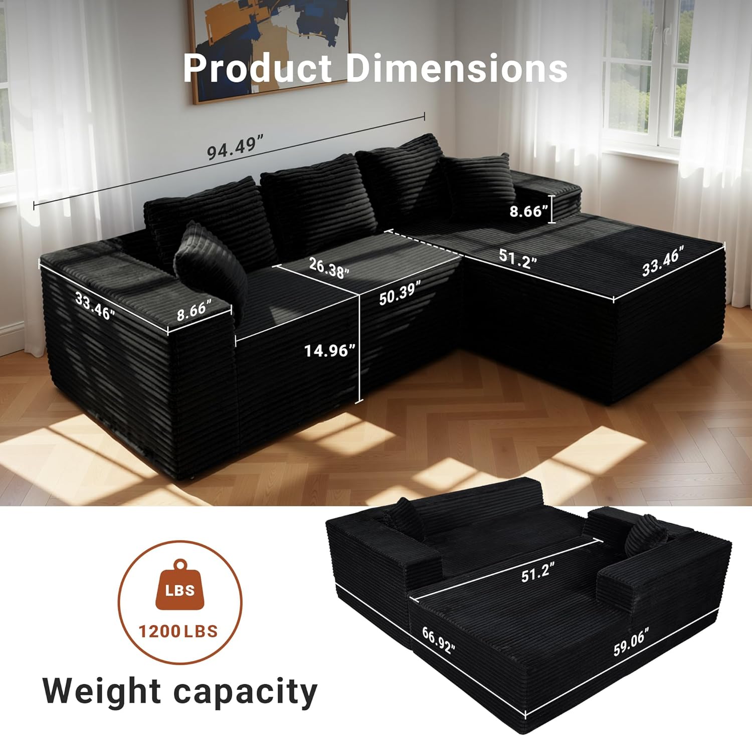 Claiks Boneless Couch, Cloud Couch Sectional, L-Shape Corduroy Modular Sectional Sofa Deep Seat, Upholstered Couches for Living Room, No Assembly Required, Black, Right Facing Chaise