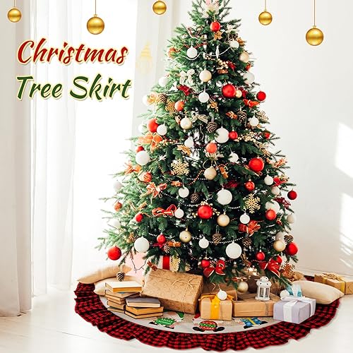 Miniatura 4 de Falda de árbol de Navidad, arpillera de lino, decoración de borde a cuadros, decoración de árbol de Navidad a cuadros negros y rojos, faldas de