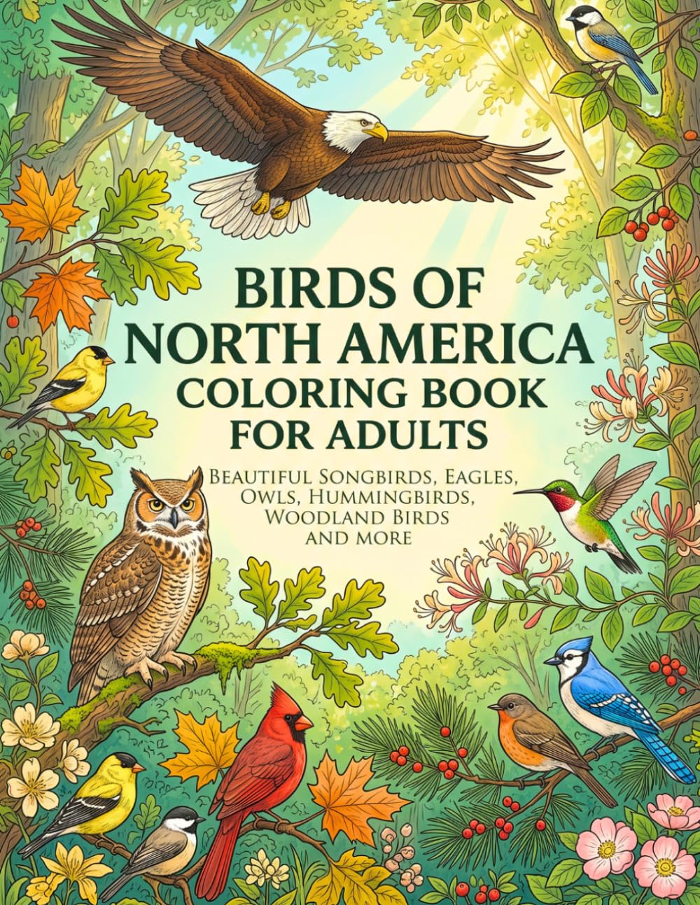 Birds of North America Coloring Book for Adults: Beautiful Songbirds, Eagles, Owls, Hummingbirds, Woodland Birds and More