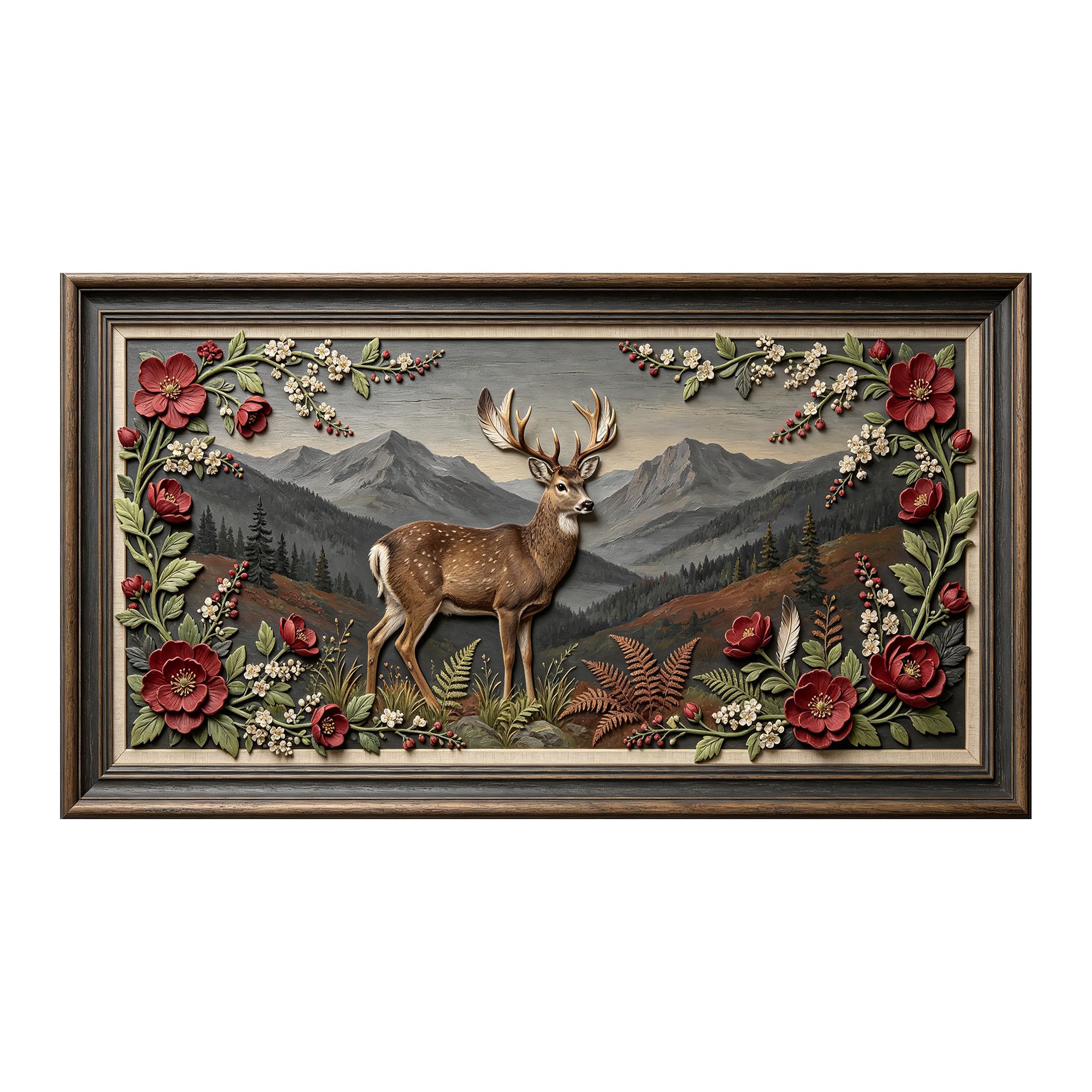 Yzpallescene 3D 3D Framed Wall Art 50cm×90cm Deer Mountain Forest Landscape Rustic Oil Painting Large Size SelfAdhesive Removable Wall Decor Prints Artwork for Living Room Bedroom Office