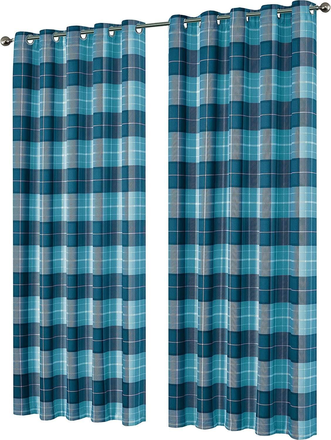 London Dream Printed Checked Curtains Eyelet Blackout Ring Top Thermal Insulated Room Darkening Curtain Pair for Living Room and Bedroom (90x90 Inches, Blue)