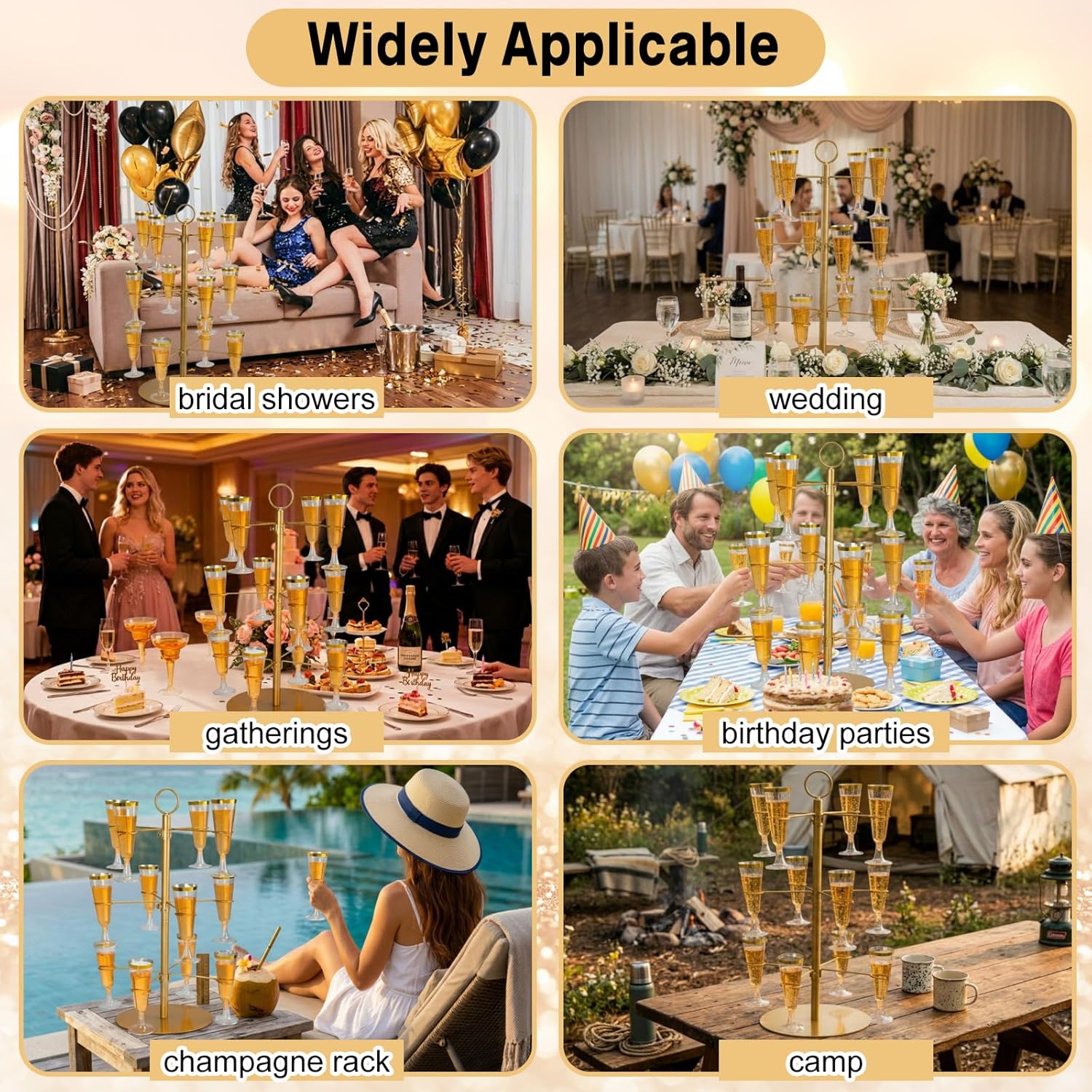 12 Pcs Plastic Glasses with Metal Champagne Tower Disposable Clear Cocktail Glasses for Party Birthday Wedding(5 oz, Champagne)