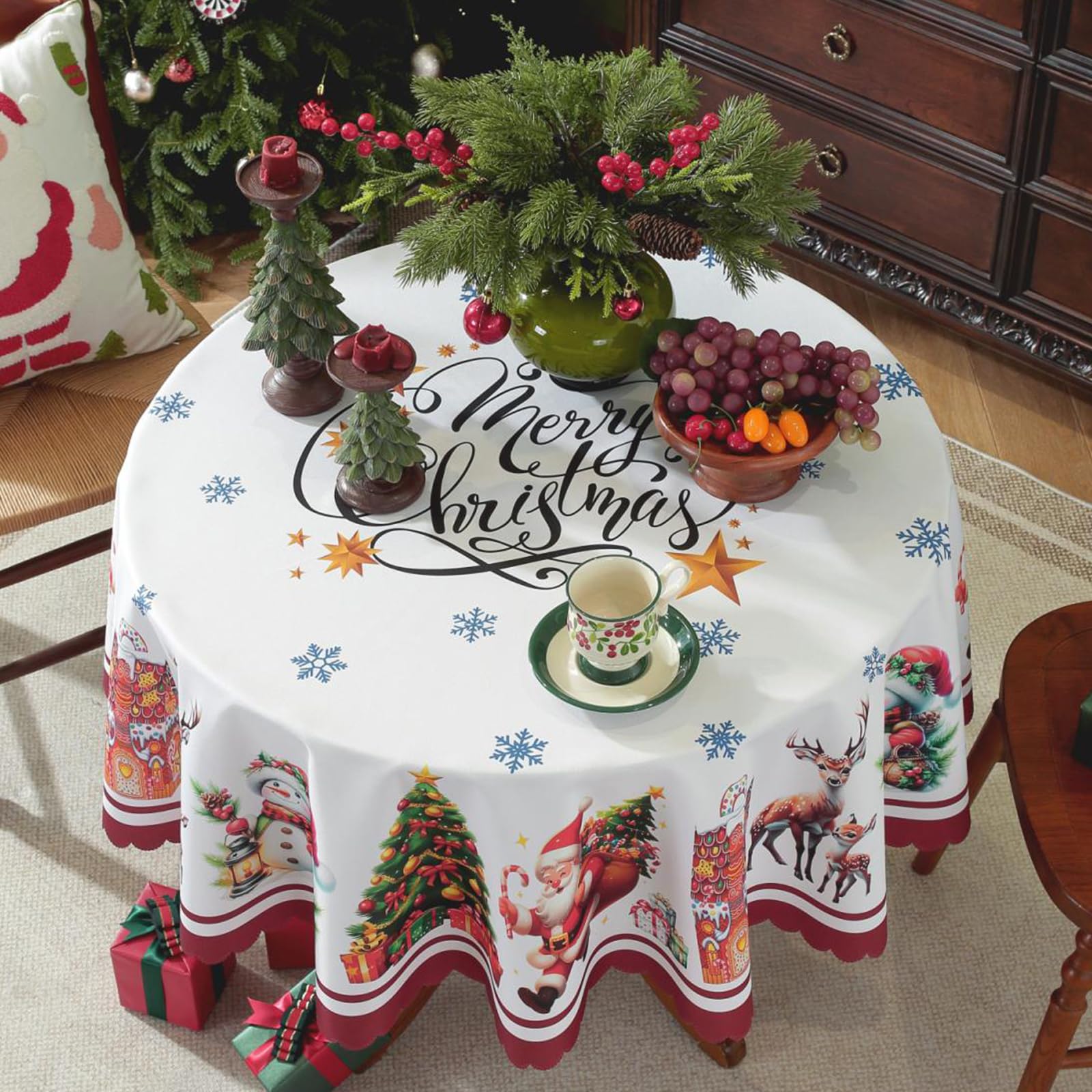 Christmas Round Table Cloths Red Polyester Tablecloth Christmas Round Tablecloth Circular Table Cover Washable Polyester Xmas Table Cloth for Christmas Party Holiday Dinner Decoration 60in/150cm (A1)