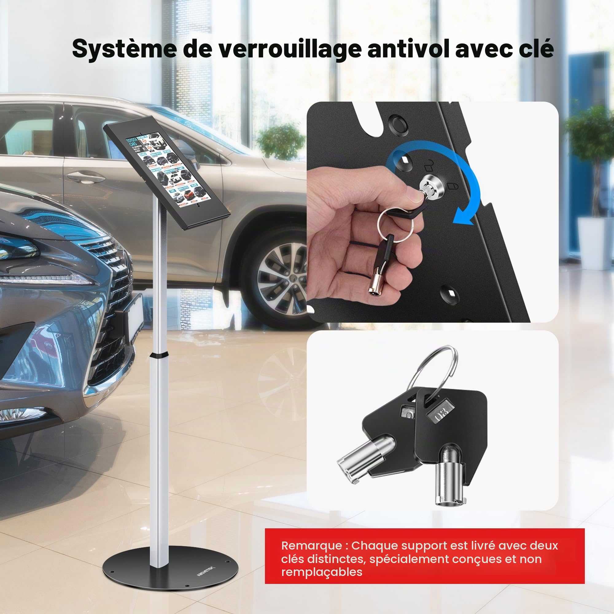 AboveTEK Support de Sol Antivol pour iPad, Sécurité Robuste pour Tablette PDV sur Pied, Réglable en Hauteur avec Mécanisme de Verrouillage pour iPad Air/Pro