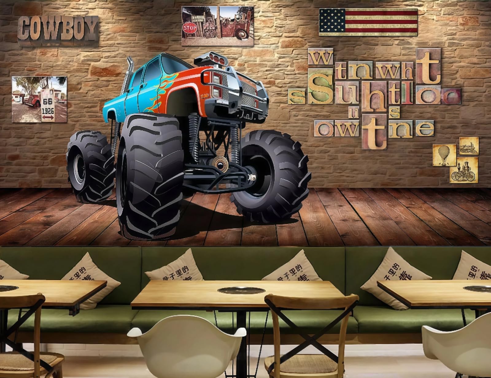 Xdoubao 3D Wallpaper Retro Nostalgic Brick Wall Car Three-Dimensional English Letter Theme Bar Coffee Shop Background Mural Western Restaurant Wallpaper,,430X300cm