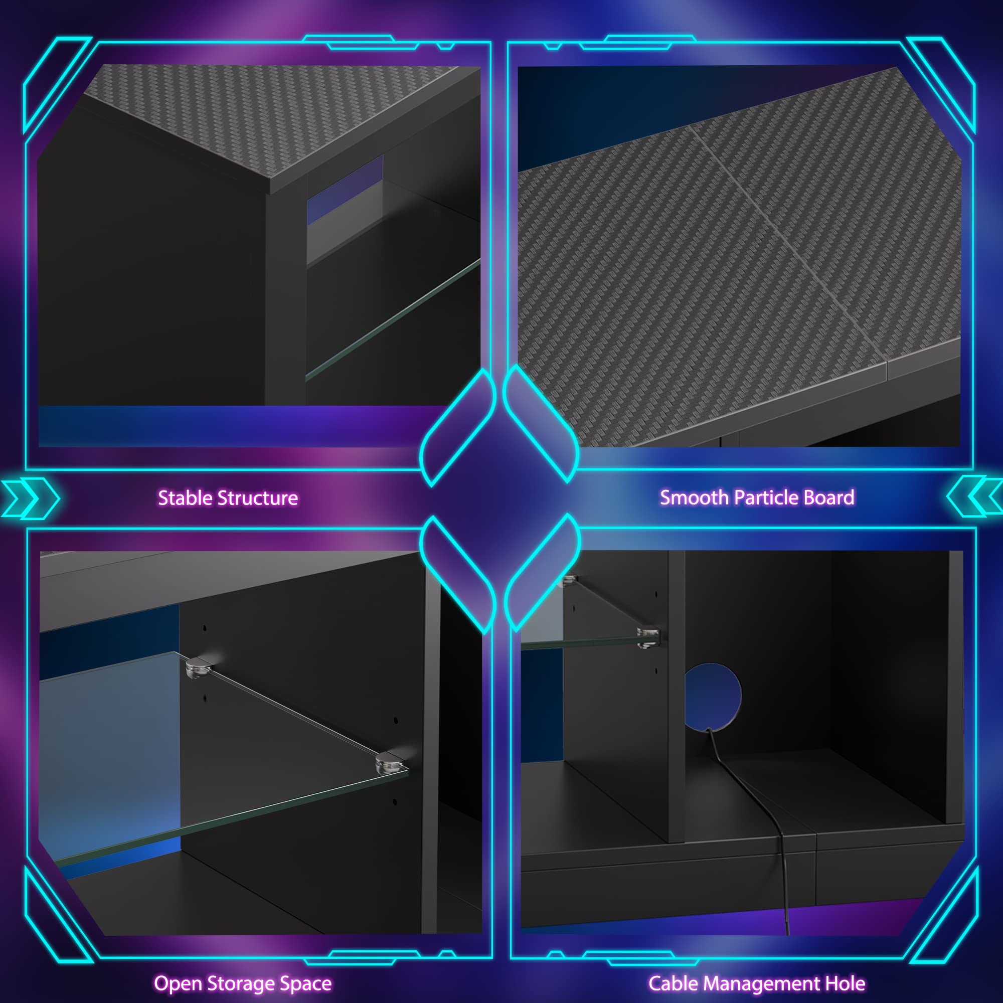 Bestier Gaming Entertainment Center with Power Outlet,55 inch TV Stand LED TV Stand & 22 Dynamic RGB Modes,Removable Glass & Open Shelf Storage,Cabinet for 65 Inch Game Console,Carbon Fiber Black