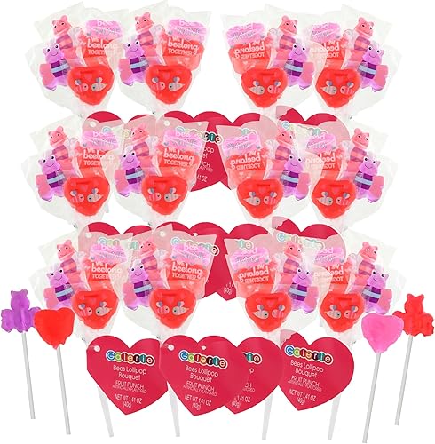 Ramos de paletas de San Valentín 2024, adorables chupones en forma de abeja y corazón, folletos para el aula y regalos de Vday, 12 paquetes incluidos