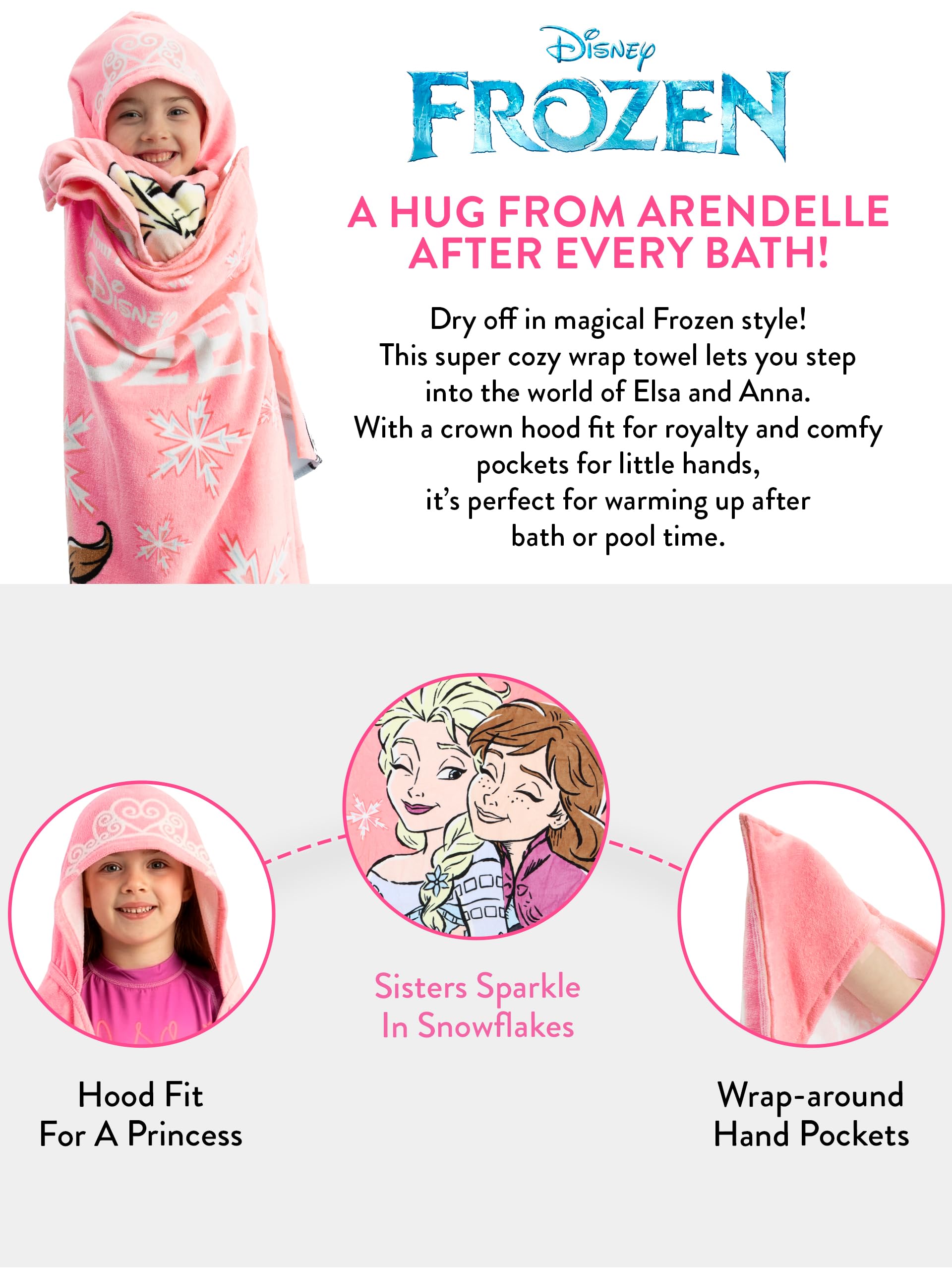 Disney Telo mare Frozen per bambine con Elsa e Anna, Asciugamano Indossabile Per Piscina e Spiaggia, Rosa, Taglia Unica