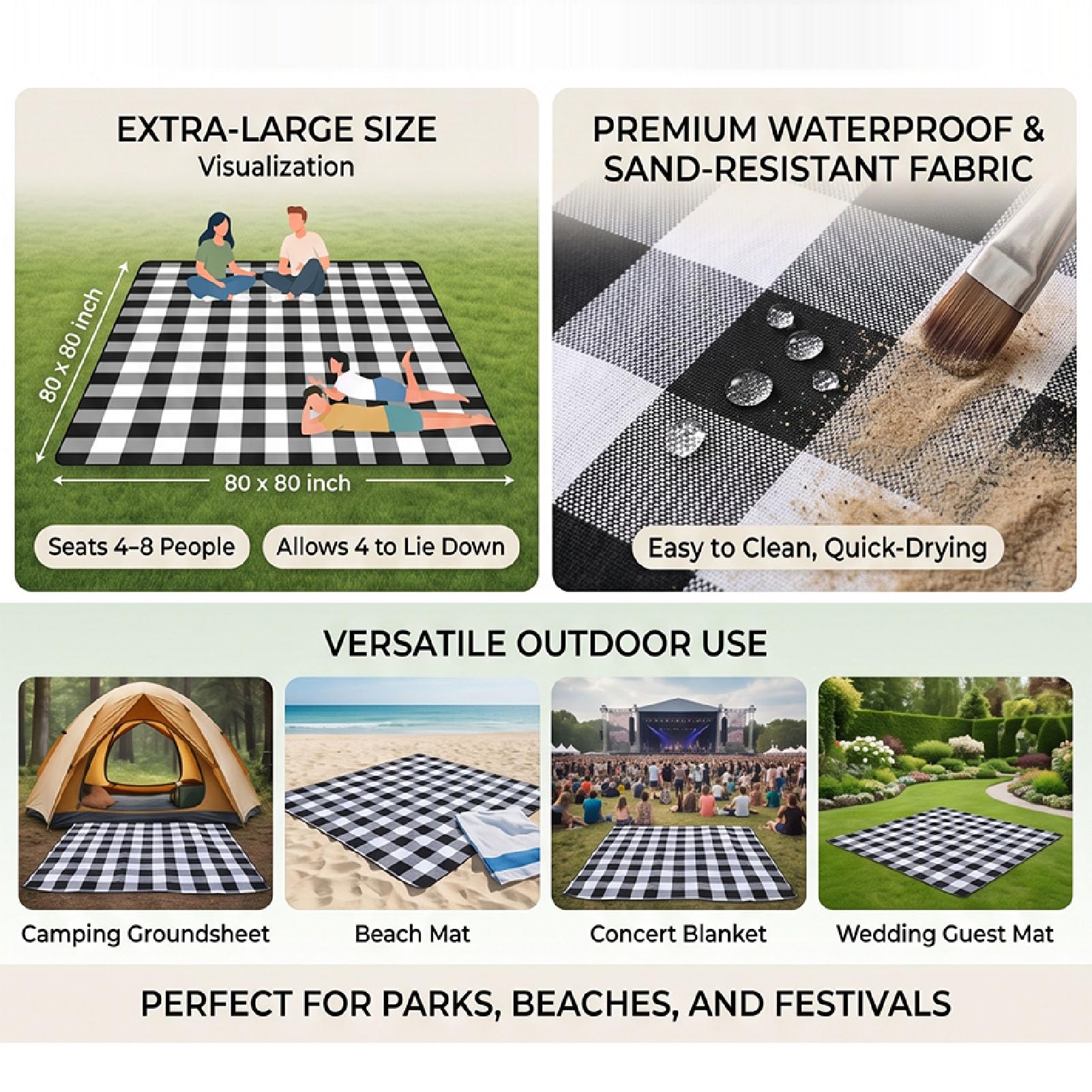 wasserdichte Picknickdecke für Strand, (Black)