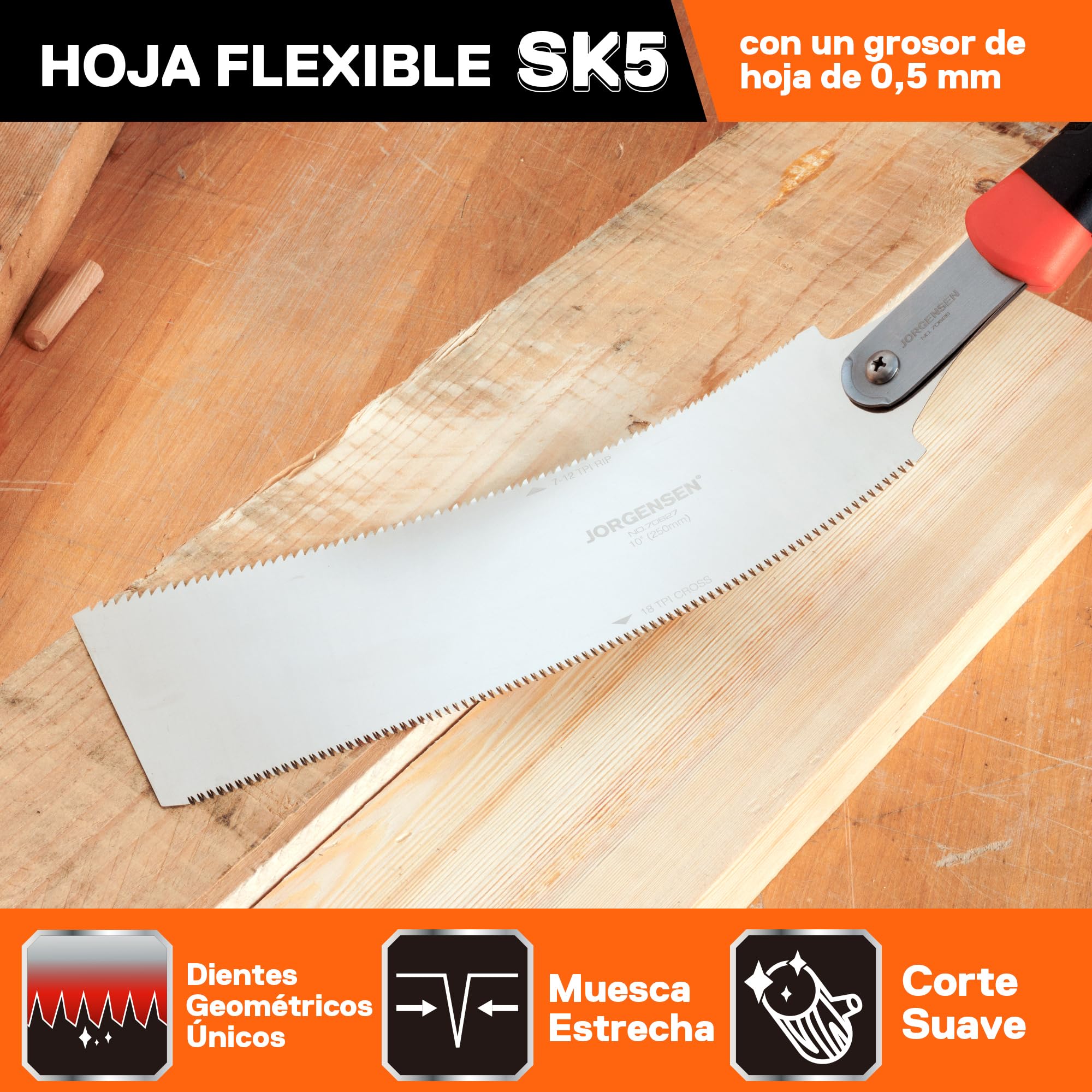 Jorgensen Sierra Japonesa Profesional de Doble Filo, Sierra de Mano con Hoja SK5 y Reemplazable, Sierra Madera con Mango Ergonómico de TPE, Perfecta para Trabajos de Madera