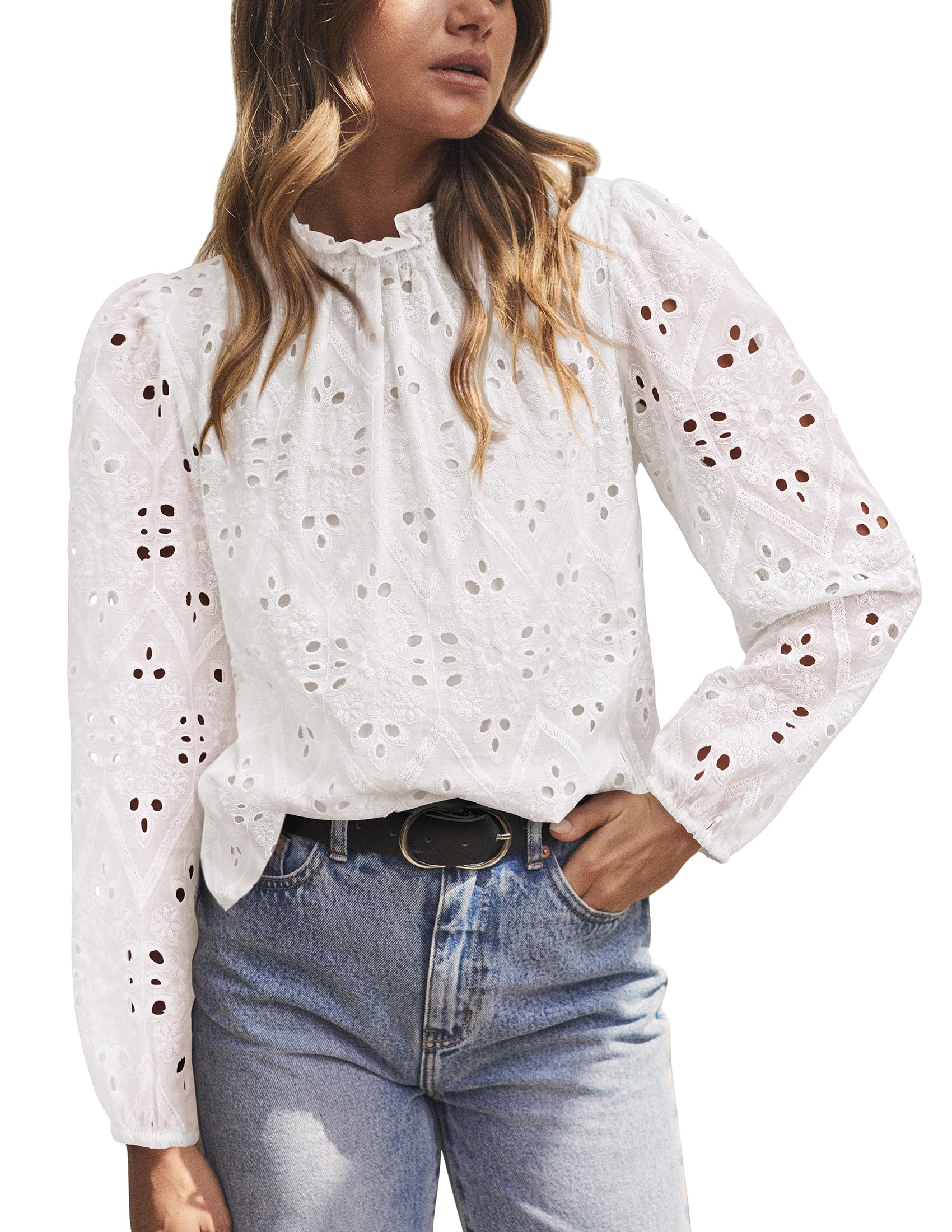 PRETTYGARDEN Tops for Women 2026 Spring Long Sleeve Blouses Dressy Casual Embroidered Eyelet Shirts Fall Going Out Outfits