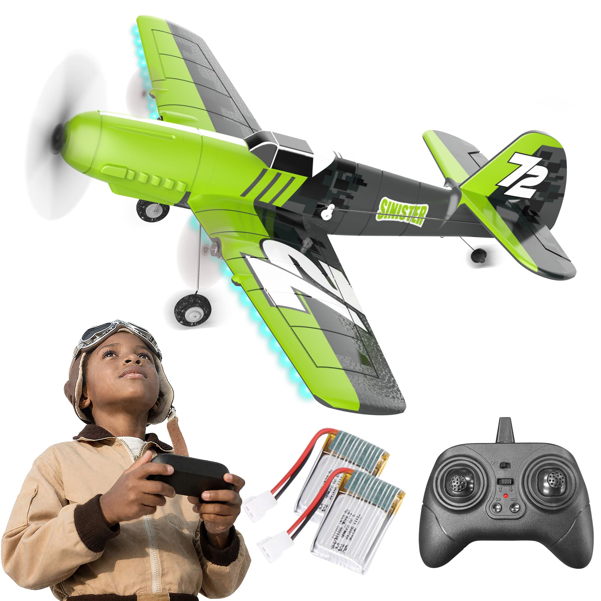 Photo 1 of BEZGAR HQ089 RC Plane, Drones for Kids, 6-axis Gyro Remote Control Airplane, RC Helicopter, Easy Control for Beginners Toys with Colorful LED Navigation Lights(Green)