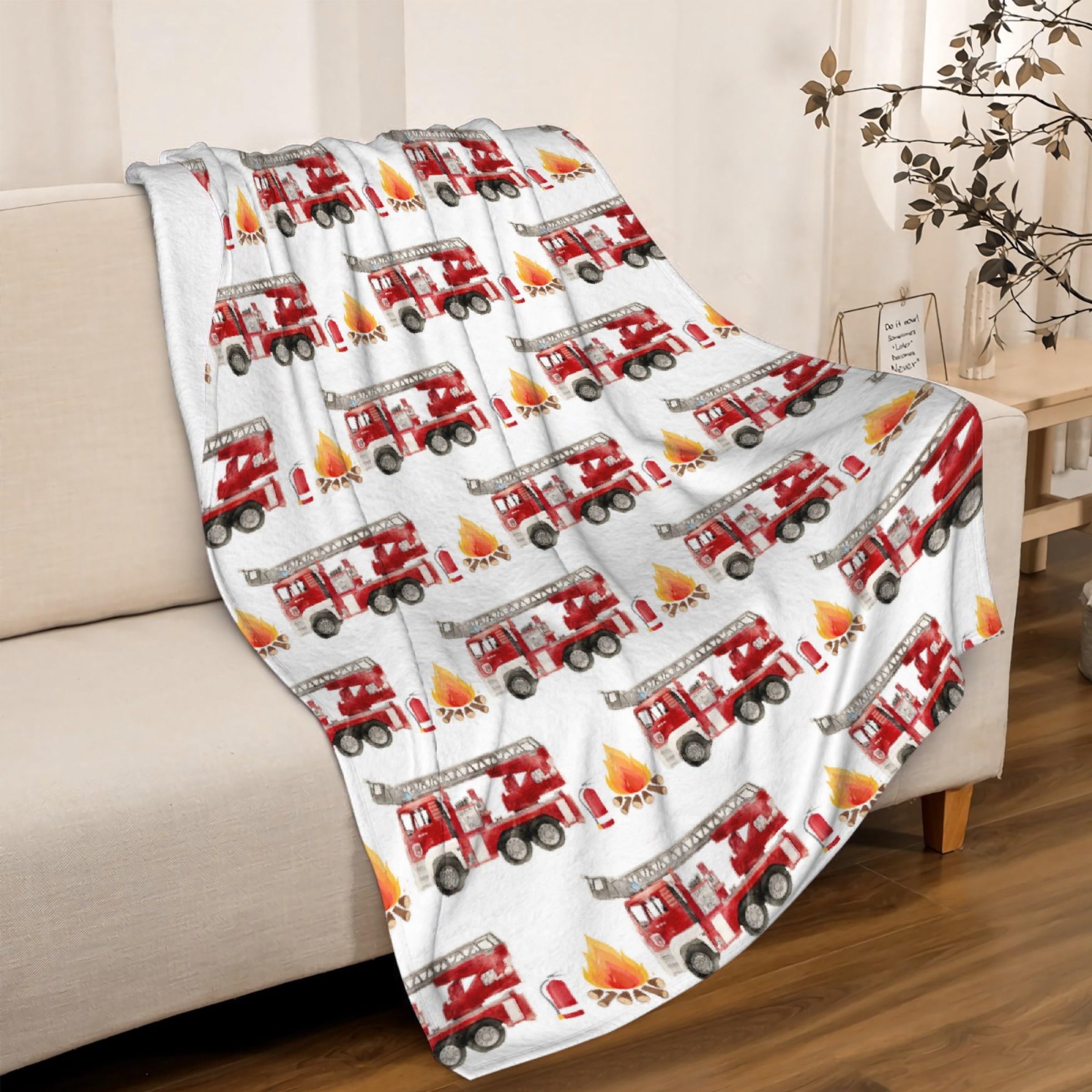 Fire Truck Fleece Throw Blanket - Cozy Flannel Air Conditioning Blanket for Couch, Bed, Family - 120x90 in