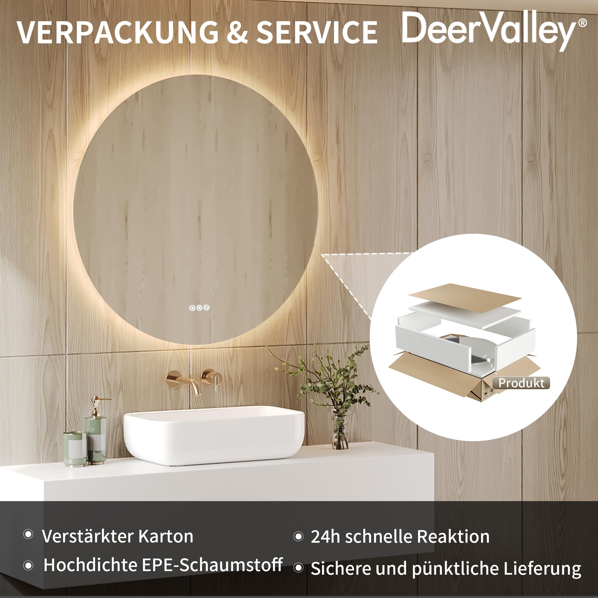 DeerValley Badspiegel mit Beleuchtung 80cm, Anti Beschlag LED Spiegel mit 3-Fach Vergrößerung, 3 Farbtemperatur und Bluetooth Lautsprecher