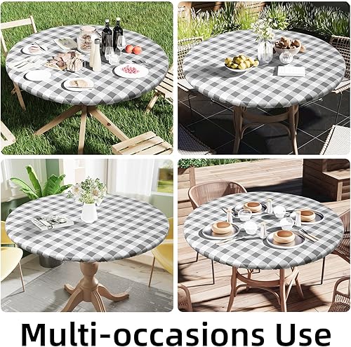 Miniatura 6 de Smiry Mantel redondo de picnic, mantel de vinilo elástico impermeable para mesas de 36 a 44 pulgadas, a cuadros escoceses con respaldo de franela,