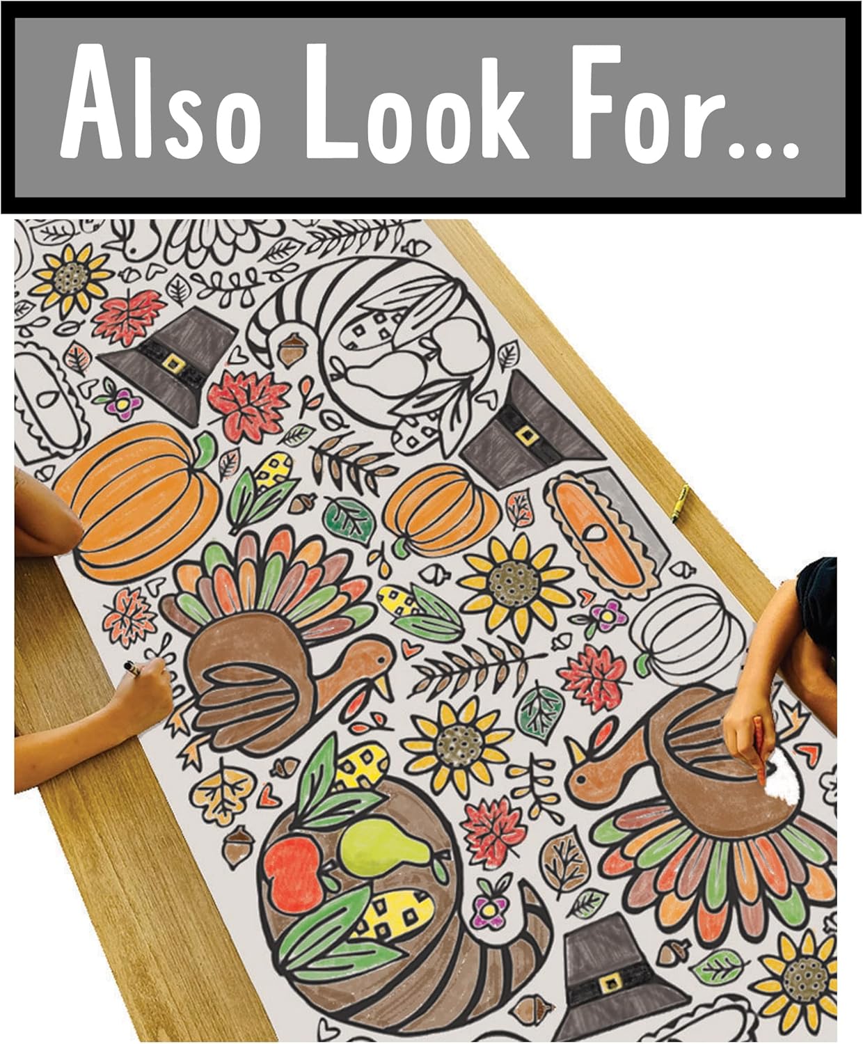 Tiny Expressions Thankful Coloring Tablecloth for Kids - 30 x 72 Inch Jumbo Paper Table Runner for Thanksgiving Turkey Dinner Decorations & Parties
