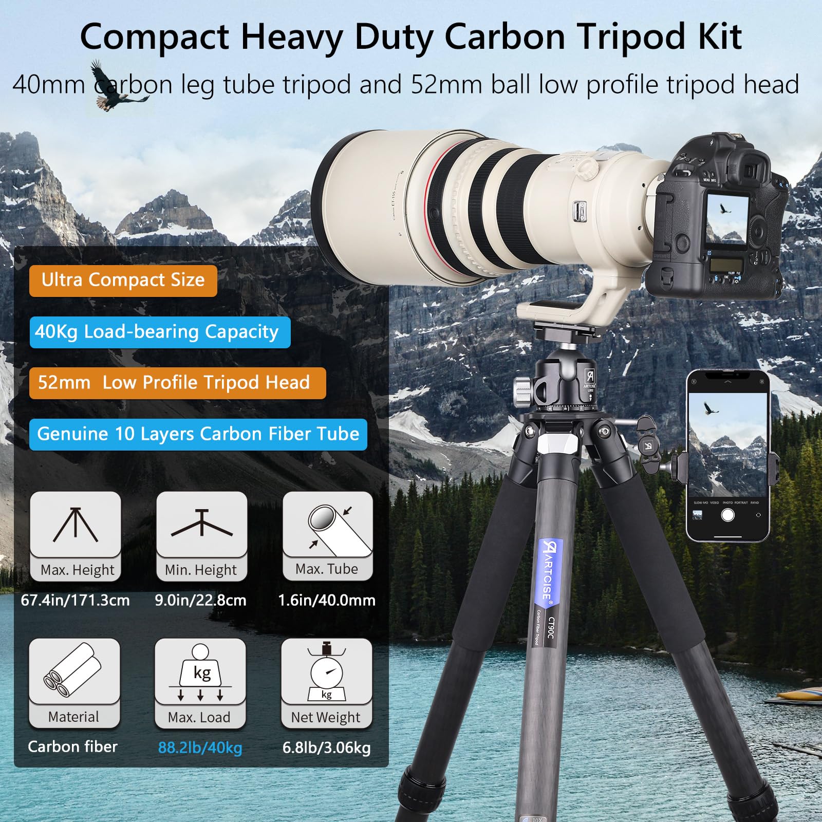Treppiede in alluminio resistente ultra stabile da 40 mm con adattatore per ciotola da 75 mm per fotocamere DSLR, carico massimo 39,9 kg/40 kg (alluminio 90C)