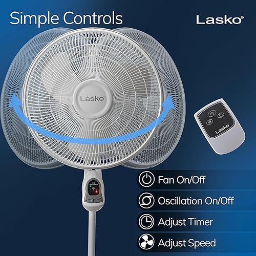 Miniatura 3 de Lasko 1646 - Ventilador de pedestal oscilante y ajustable con temporizador y control remoto para uso en interiores, dormitorio, sala de estar,