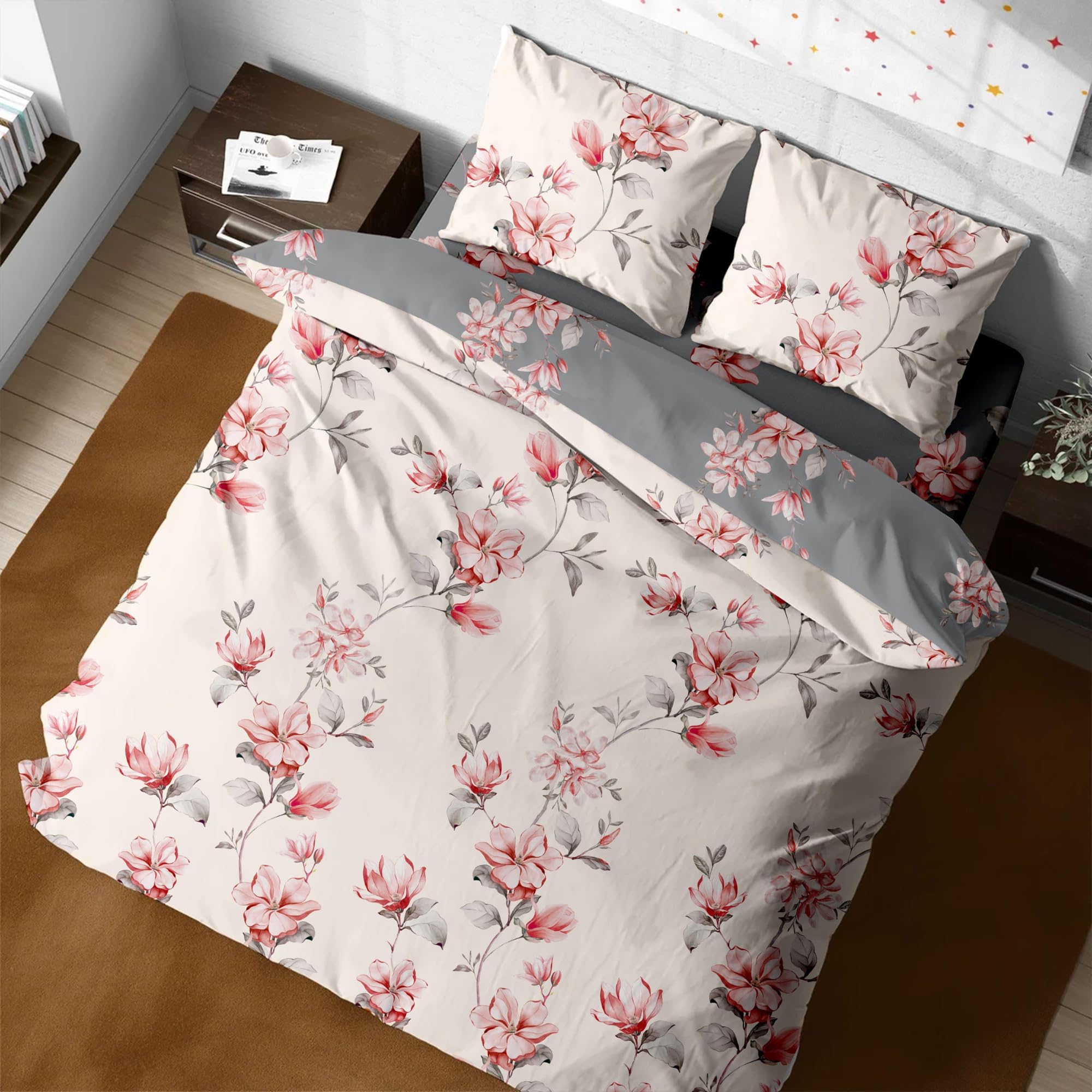 Gallant Global Printed Floral Duvet Sets 100% Microfibre Super Soft Bedding Sets Button Closure With 2 Pillowcase Reversible Multicolored Duvet Covers Set (Cream Pink Flowers, Double)