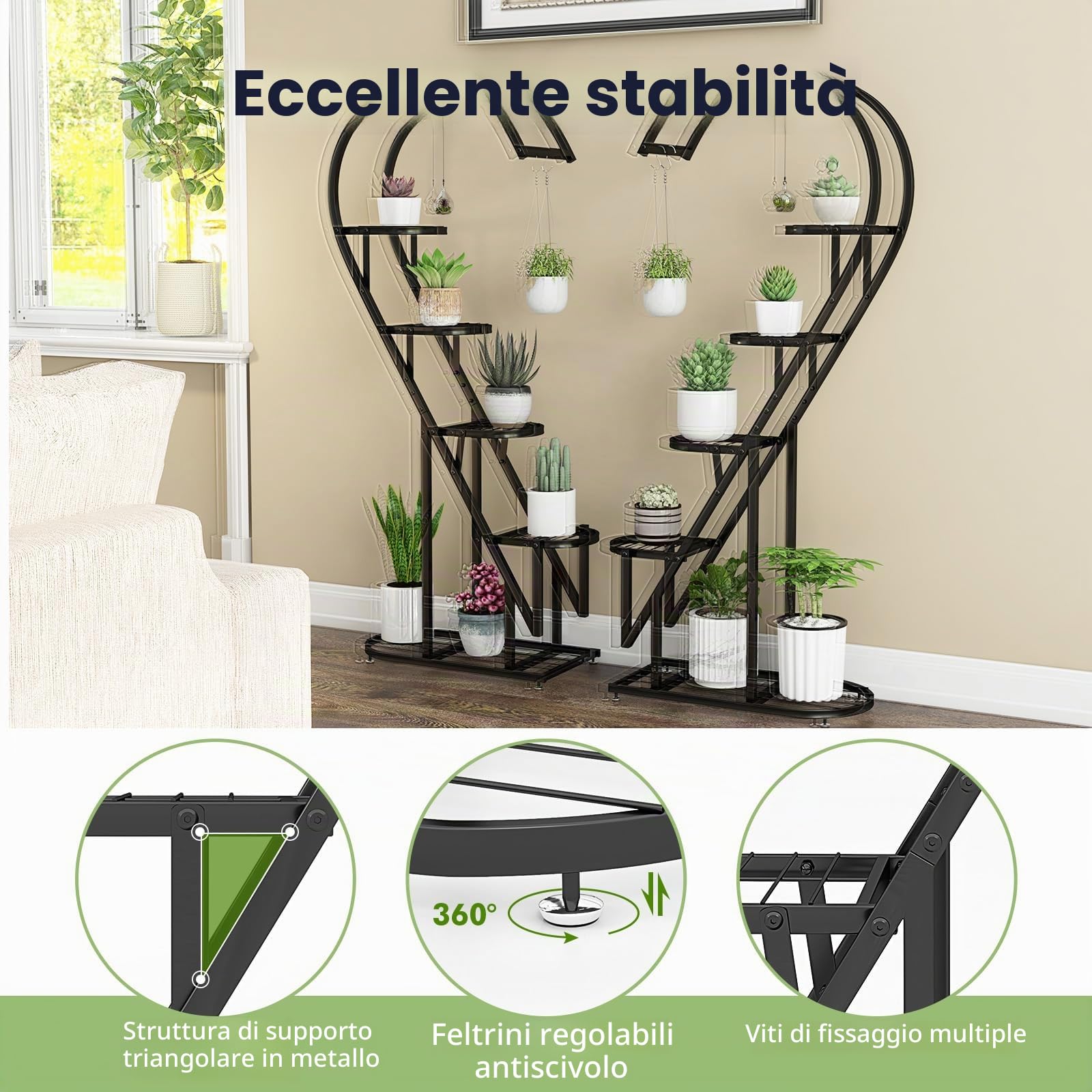 HOMASIS Scaffale Portapiante a Forma di Cuore con 5 Livelli, Portavasi in Ferro, Scaffale Multilivello con Ganci per Interni & Esterni, Adatto per Matrimoni, San Valentino (Nero)