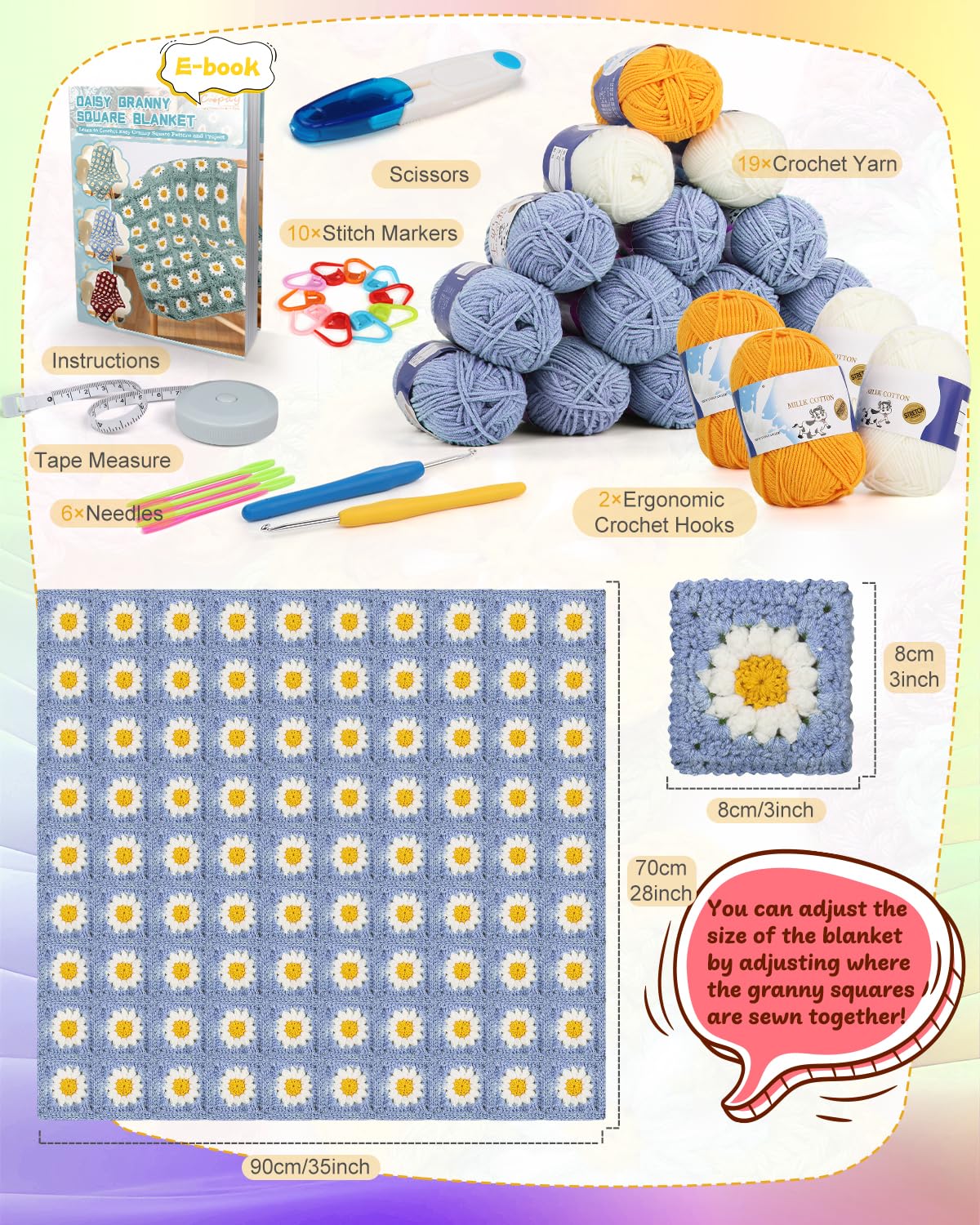 Coopay Häkelset Anfänger für Decke, Granny Squares Häkeldecke Kit mit Anleitung & genug Garn, komplettes Häkel-Starterset – leicht zu erlernen für Erwachsene (Blau-Lila)