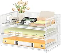 Vista 21 de Subekyu 3 Tier Paper Letter Tray Organizer for Desk, Gray Metal Mesh Desk File Folder Sorter Organizer with Handle and Sliding Tray for Home, Gris