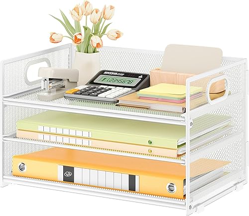 Miniatura 21 de Subekyu Organizador de escritorio de papel de 3 niveles con asa y 1 bandeja deslizable para cartas, clasificador de carpetas de archivos de papel