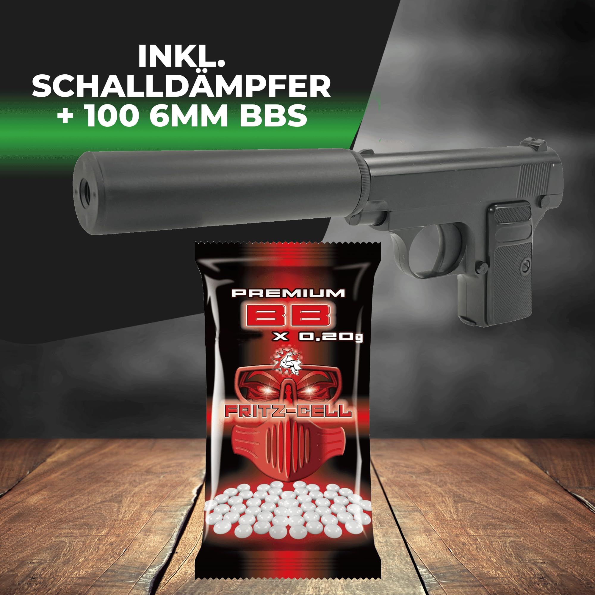 Set: Fritz-Cell Airsoft Pistole Federdruck Softair 0,5 Joule, inkl. 100 x 6 mm BB Soft-Air Kugeln schwere Ausführung (G1A) mit Schalldämpfer