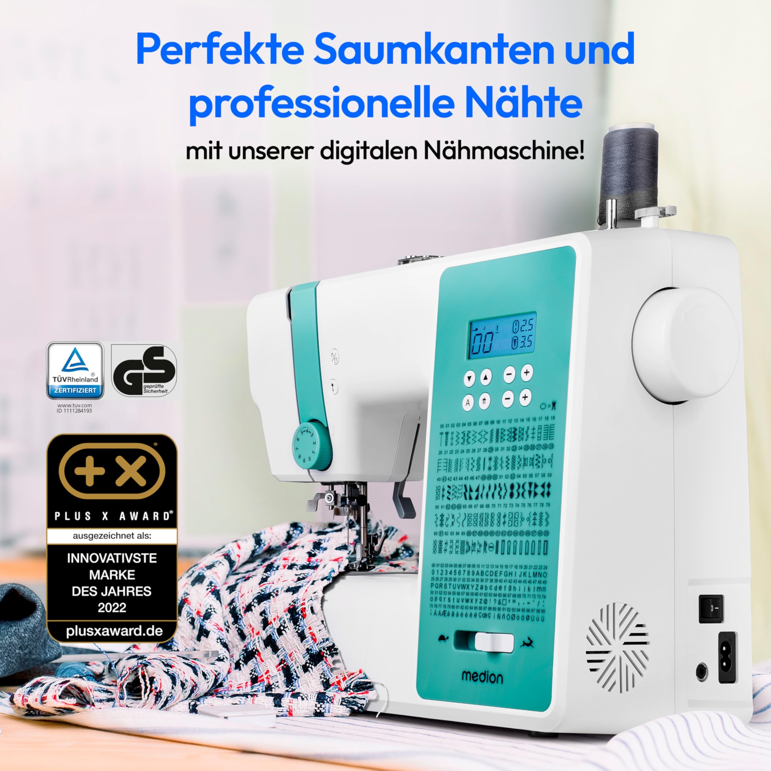 MEDION Digitale Nähmaschine SD36 (36 Watt, einstellbare Stichlänge und Stichbreite, 270 Stichmuster, LED Nählicht, automatischer Einfädler, Fußpedal, Rückwärtstaste, Fadenschneider, MD11881) türkis