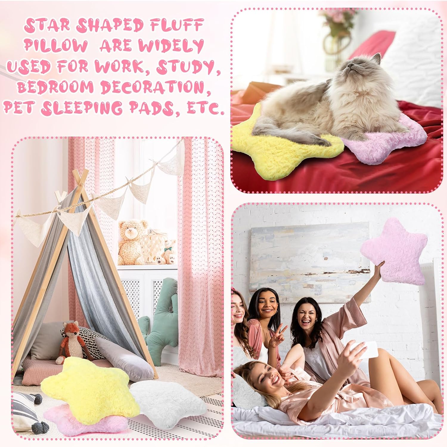 Yousoontic 6 Pcs Star Fluffy Pillow 15.7'' Shaped Star Throw Pillow Kids Aesthetic Stars Decor Christmas Throw Pillows for Kids Cute Cushion for Bedroom Living Room(Pink,Yellow, White)