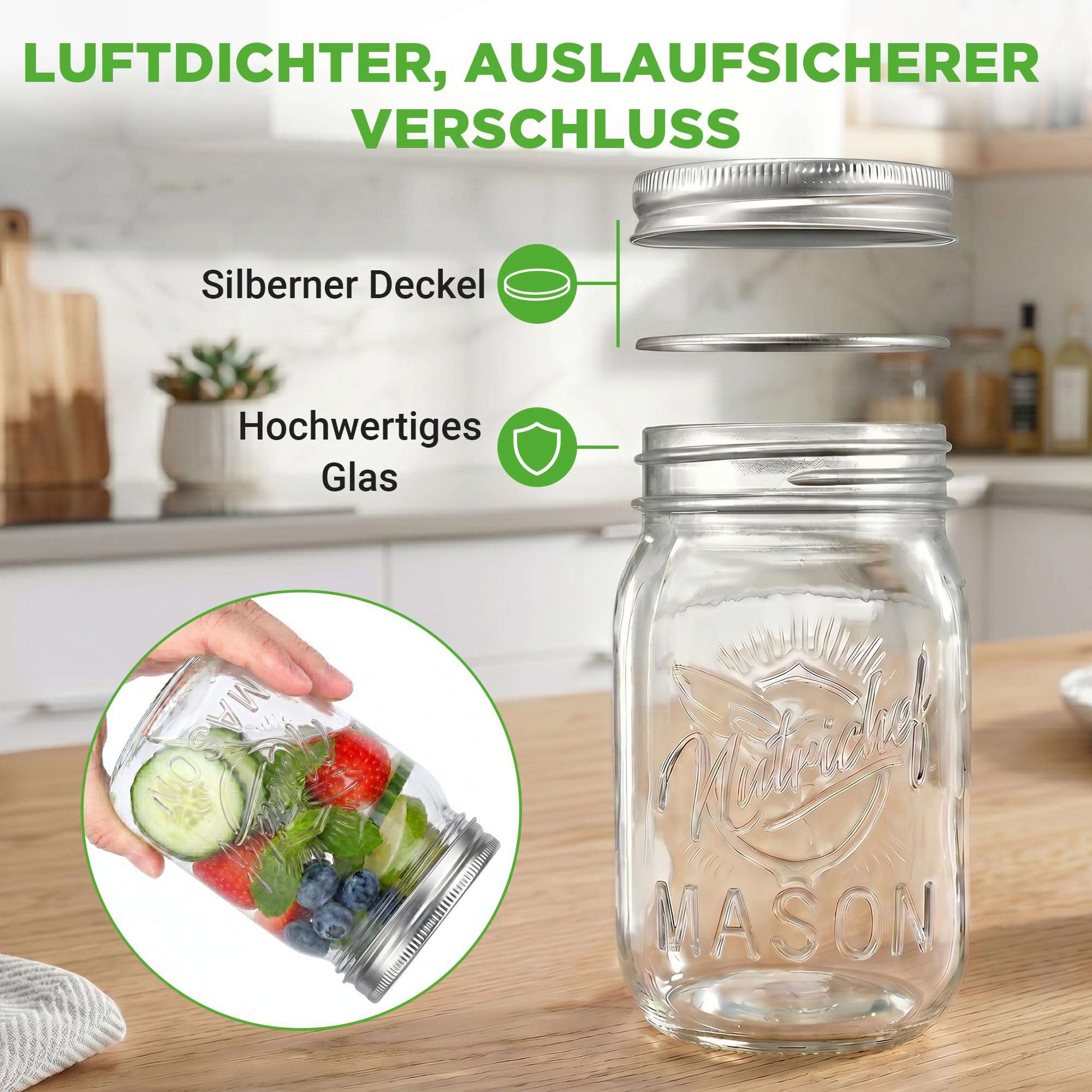 Nutrichef Vorratsgläser mit Deckel Luftdicht 480ml 16 Stück – Glasbehälter für Meal Prep und Overnight Oats, Einmachgläser für Marmelade und Fermentation