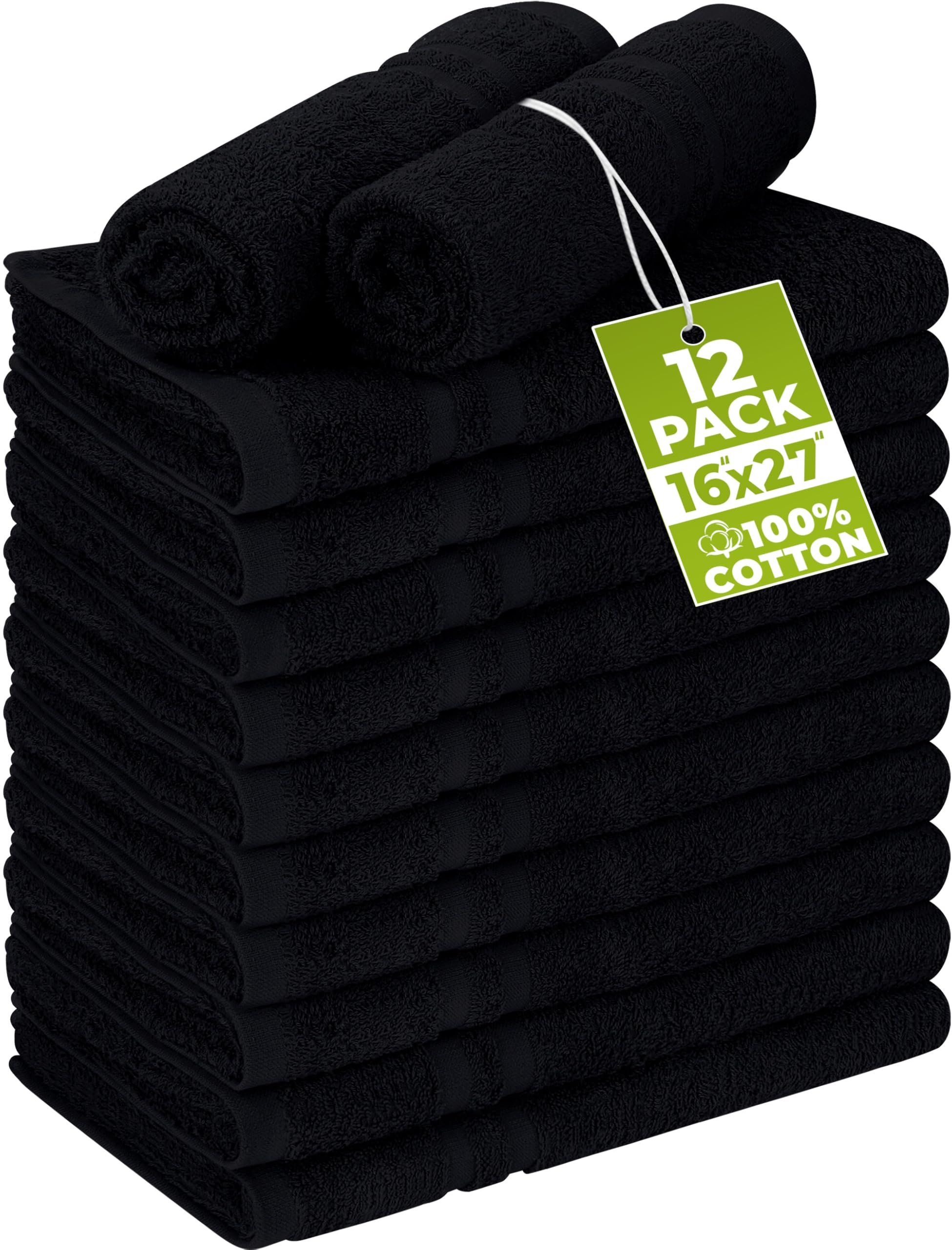 Cotton Bleach Proof Salon Towels (16x27 inches) - Bleach Safe Gym Hand Towel (12 Pack, Black)