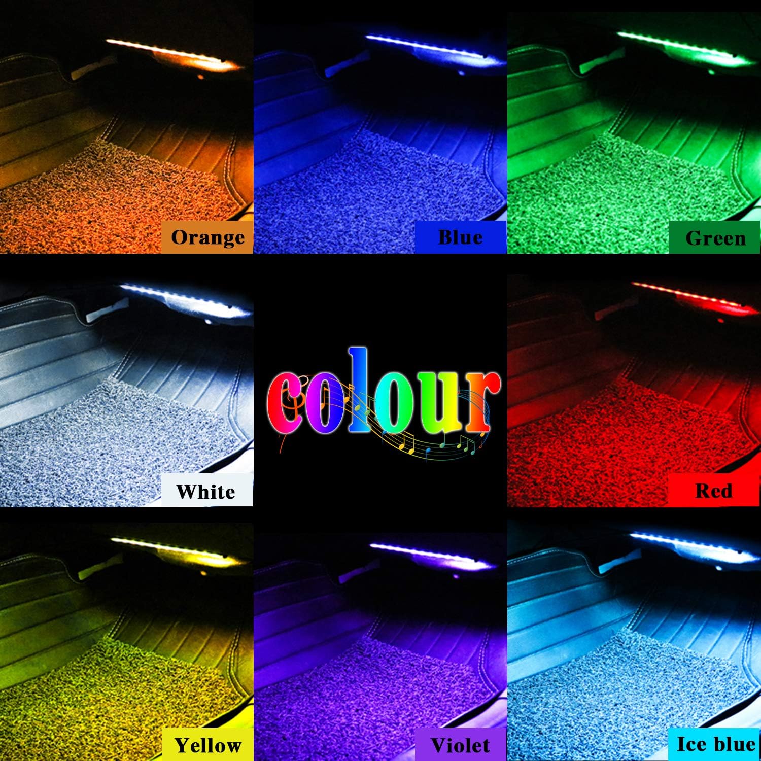 LivTee 12V Interior Accessories Car Lights, Two-Line Design 4pcs 48 LED Multi DIY Color Music Under Dash Car Lighting Waterproof Kits with APP Controller, Car Charger Included : Automotive