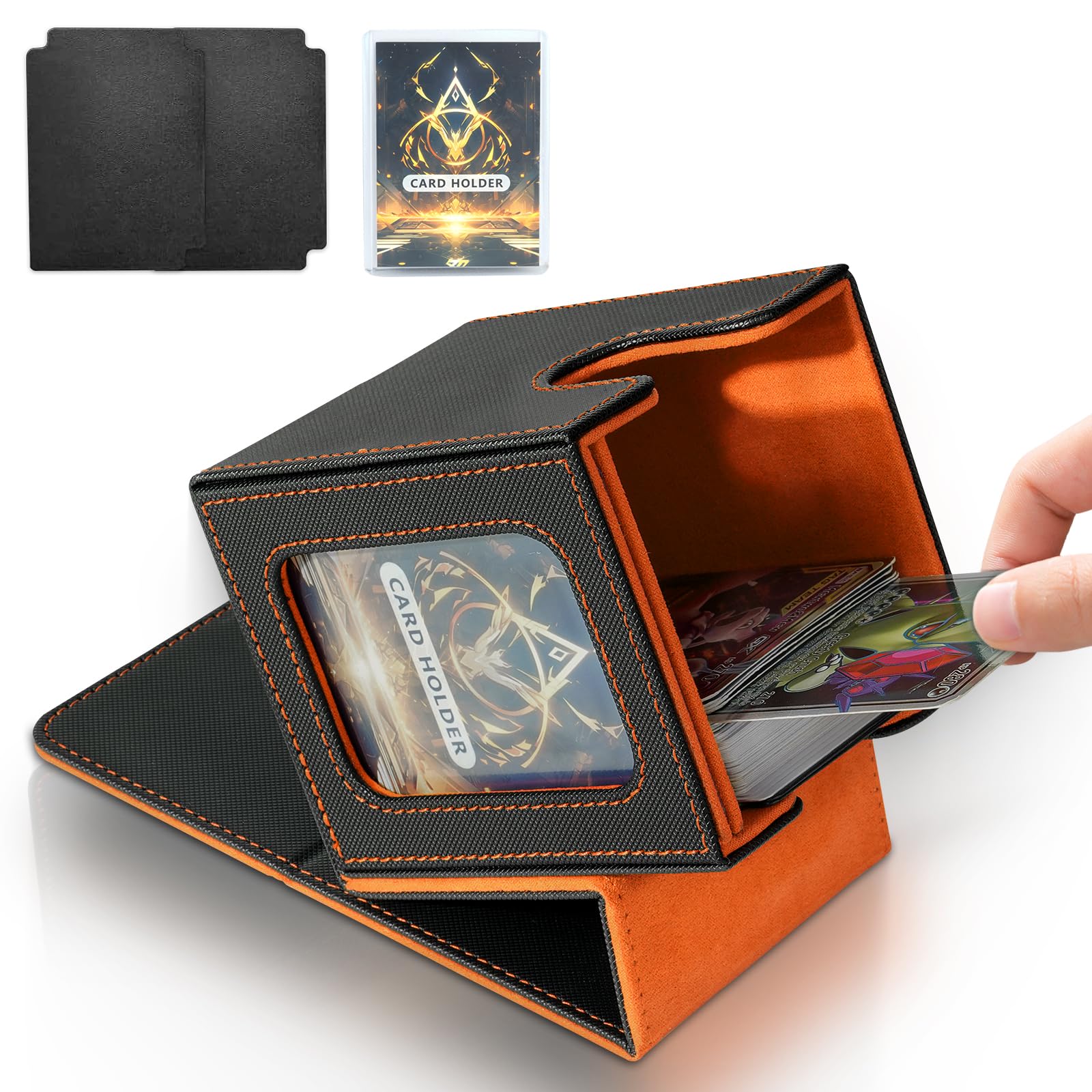 Card Deck Box for MTG Commander, Card Storage Box for Trading Cards, PU Leather Magnetic Card Display Case, Holds 100 Double-Sleeved Cards, Black&Orange