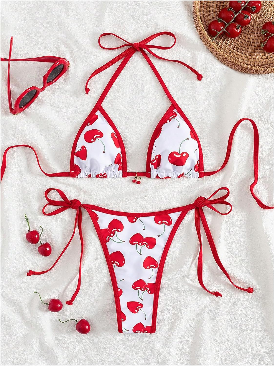 WDIRARA Women's 2 Piece Cherry Print Halter Bikini Set String Triangle Swimsuit Bathing Suit - Image 5