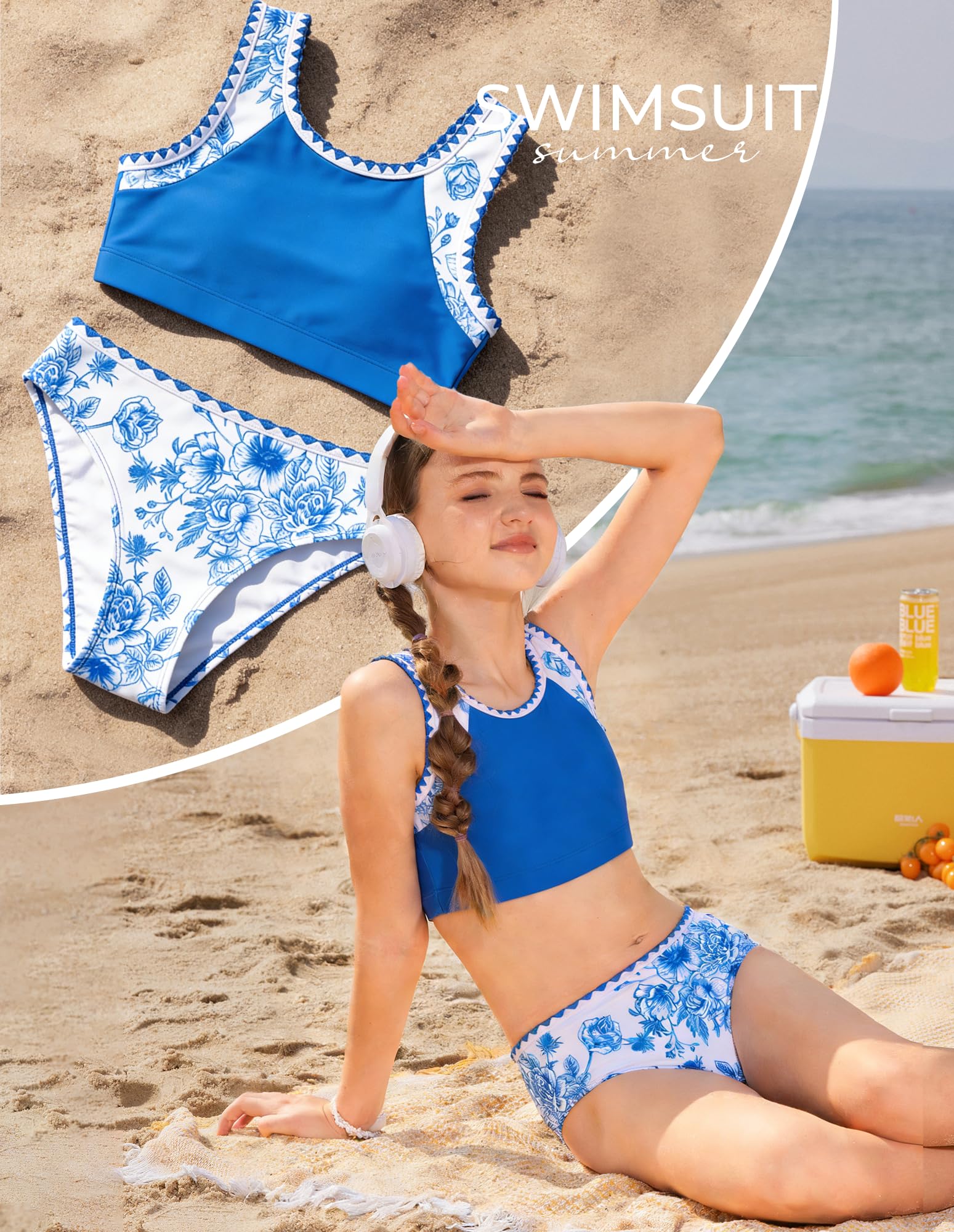 GRACE KARIN Conjunto de bikini de 2 piezas con estampado floral para niñas de 7 a 14 años