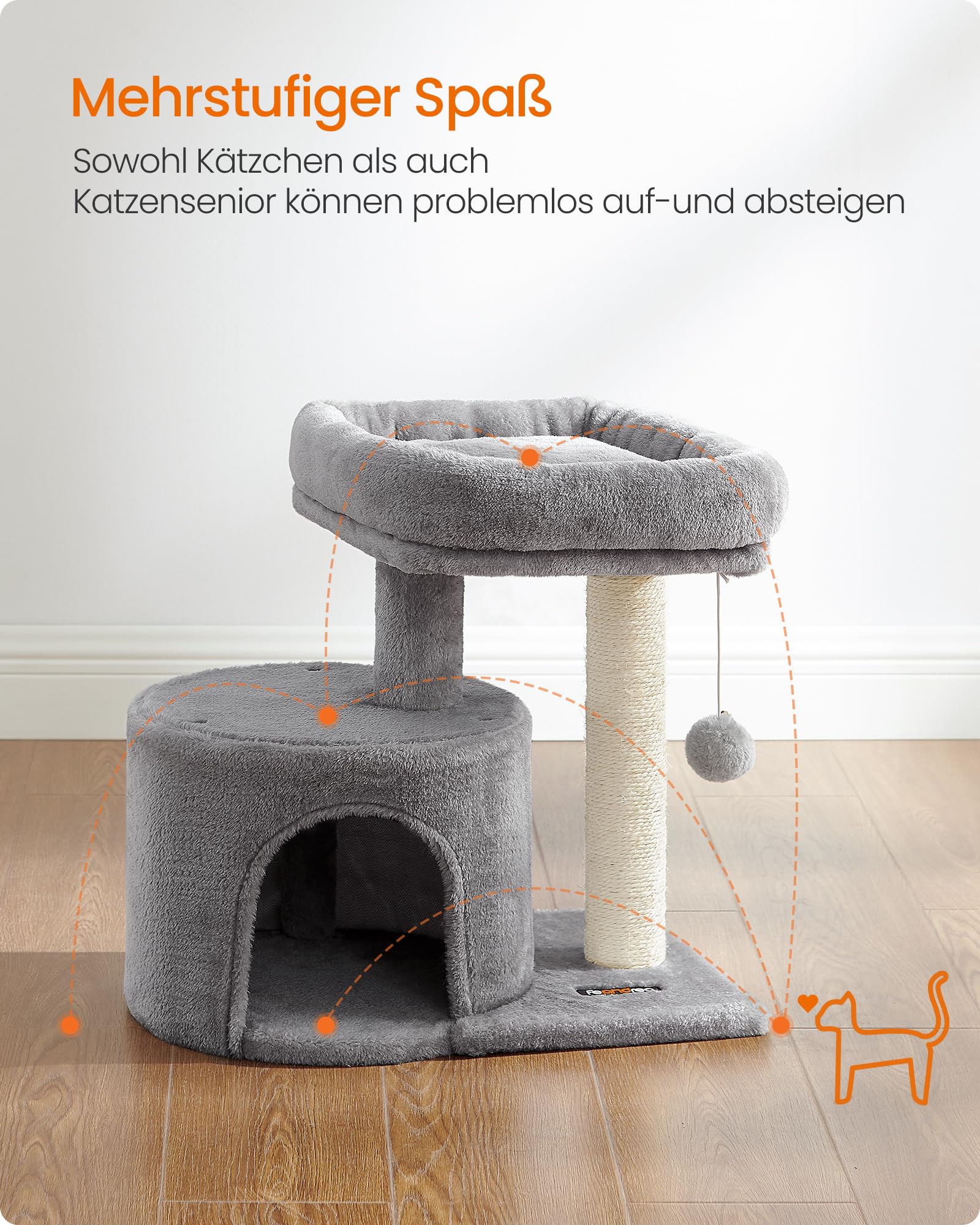 Feandrea Kratzbaum klein, Katzenbaum mit Sisalstamm, Katzenkratzbaum mit gepolsterter Plattforme, für Kätzchen, hellgrau PCT50W
