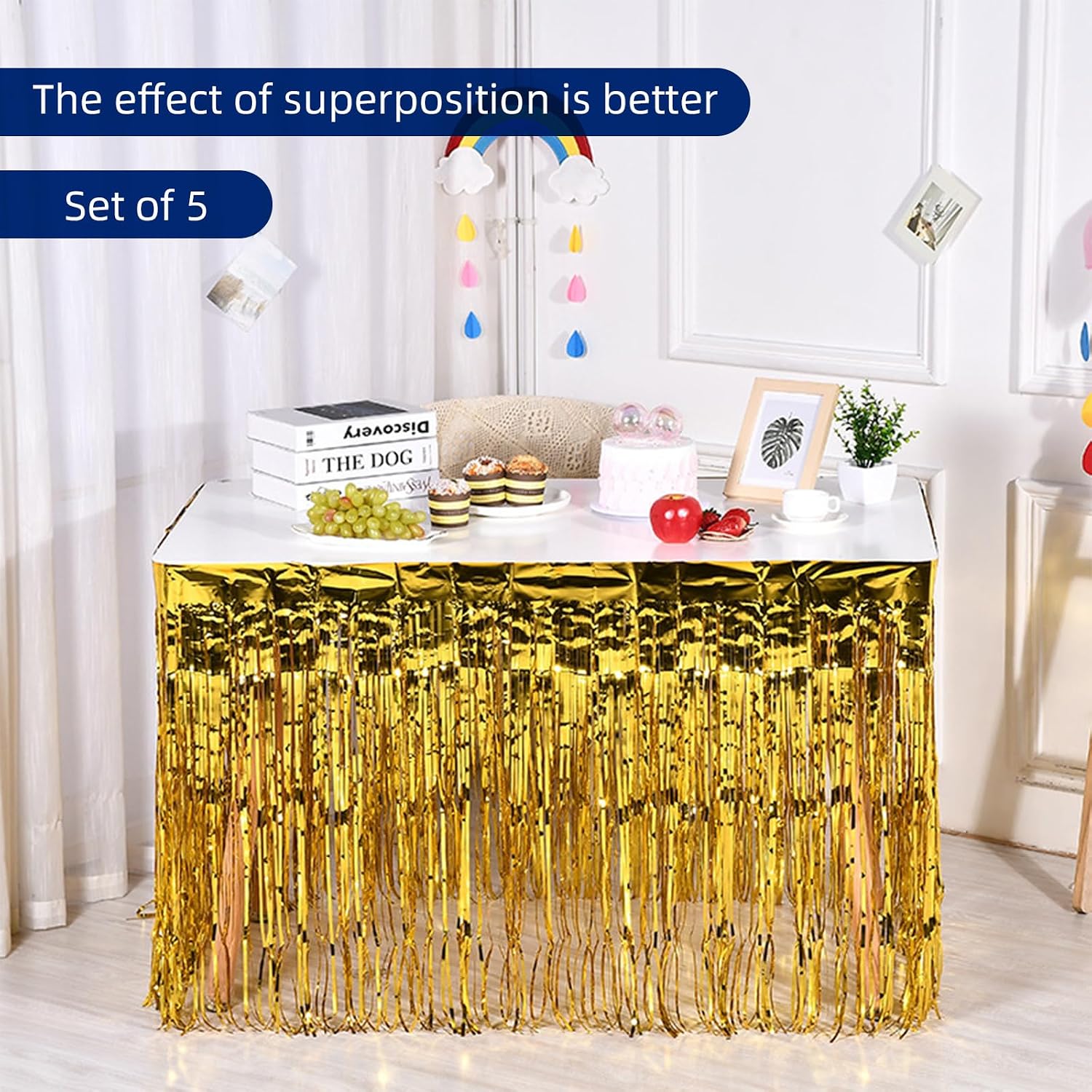 5 Pack Gold Foil Fringe Table Skirt 29x108 Inch Metallic Foil Fringe Table Skirts Tinsel Streamer Curtains Backdrop Parade Floats Birthday Halloween Christmas Party Decoration (Gold)