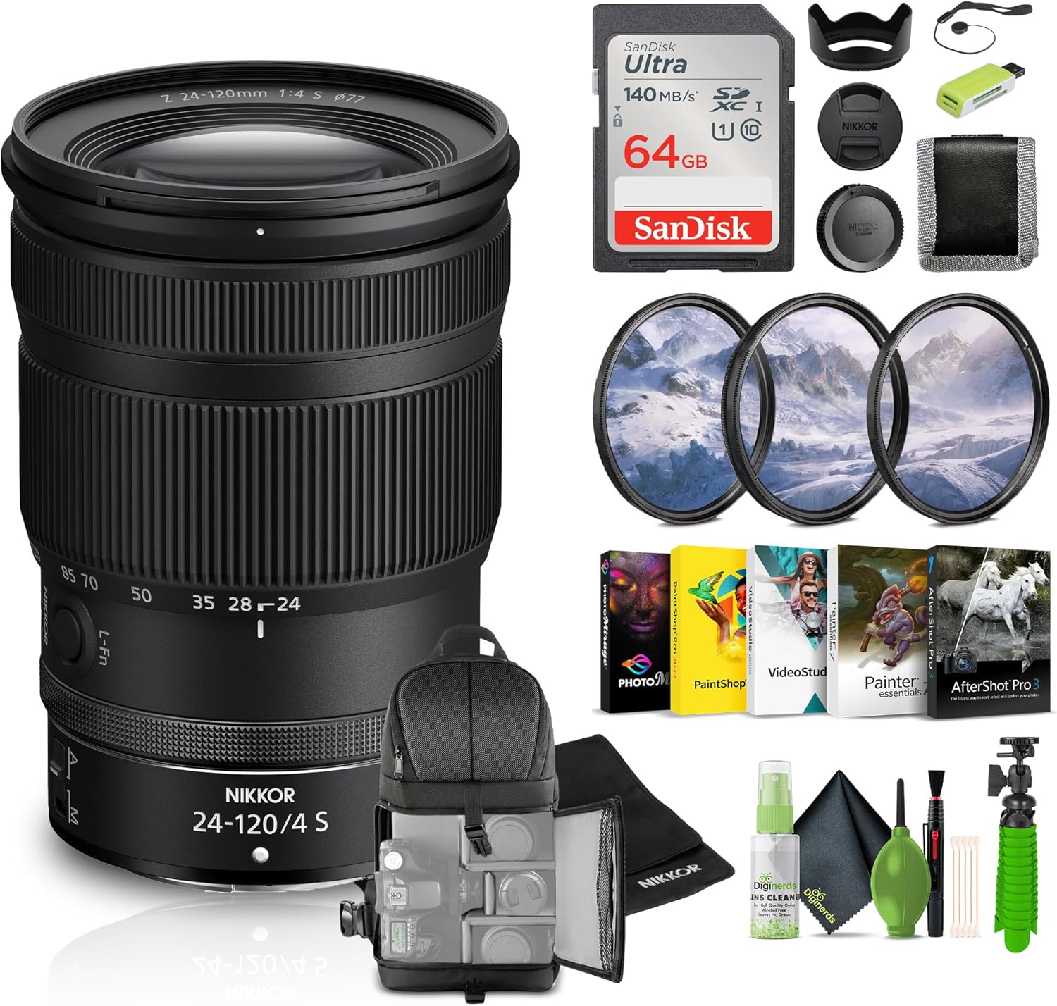 Nikon NIKKOR Z 24-120mm f/4 S All-in-one Zoom Lens (Nikon Z) + Sling Bag + Memory Card Wallet + Ultra 64GB Memory Card + 3 Piece Filter Kit + 12 Inch Flex Tripod + Photo Editing Software + More