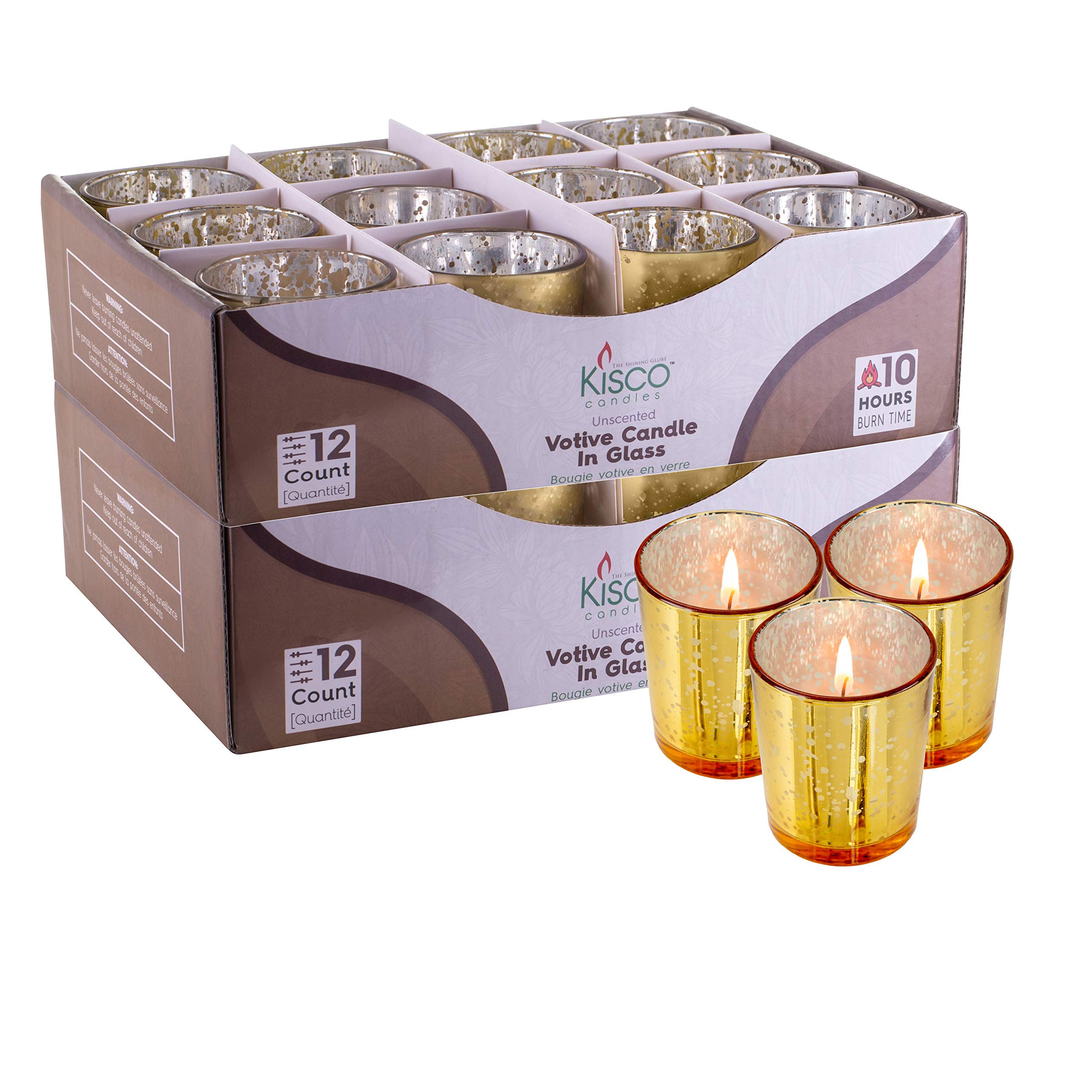 KISCO CANDLES Votive Candles with Holders 24-Pack 10 Hours | Gold Decorative Glass Home Décor | Beautiful Living Room, Kitchen, Bathroom Lighting | Long-Lasting Wax
