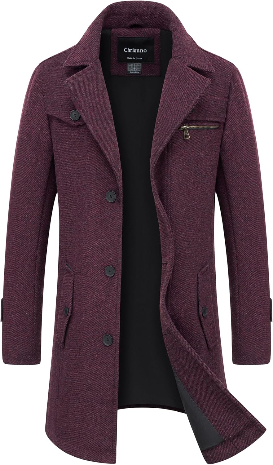 Chrisuno Men's Classic Long Pea Coat Warm Wool Blend Winter Trench Coat Single Breasted Overcoat with Detachable Collar
