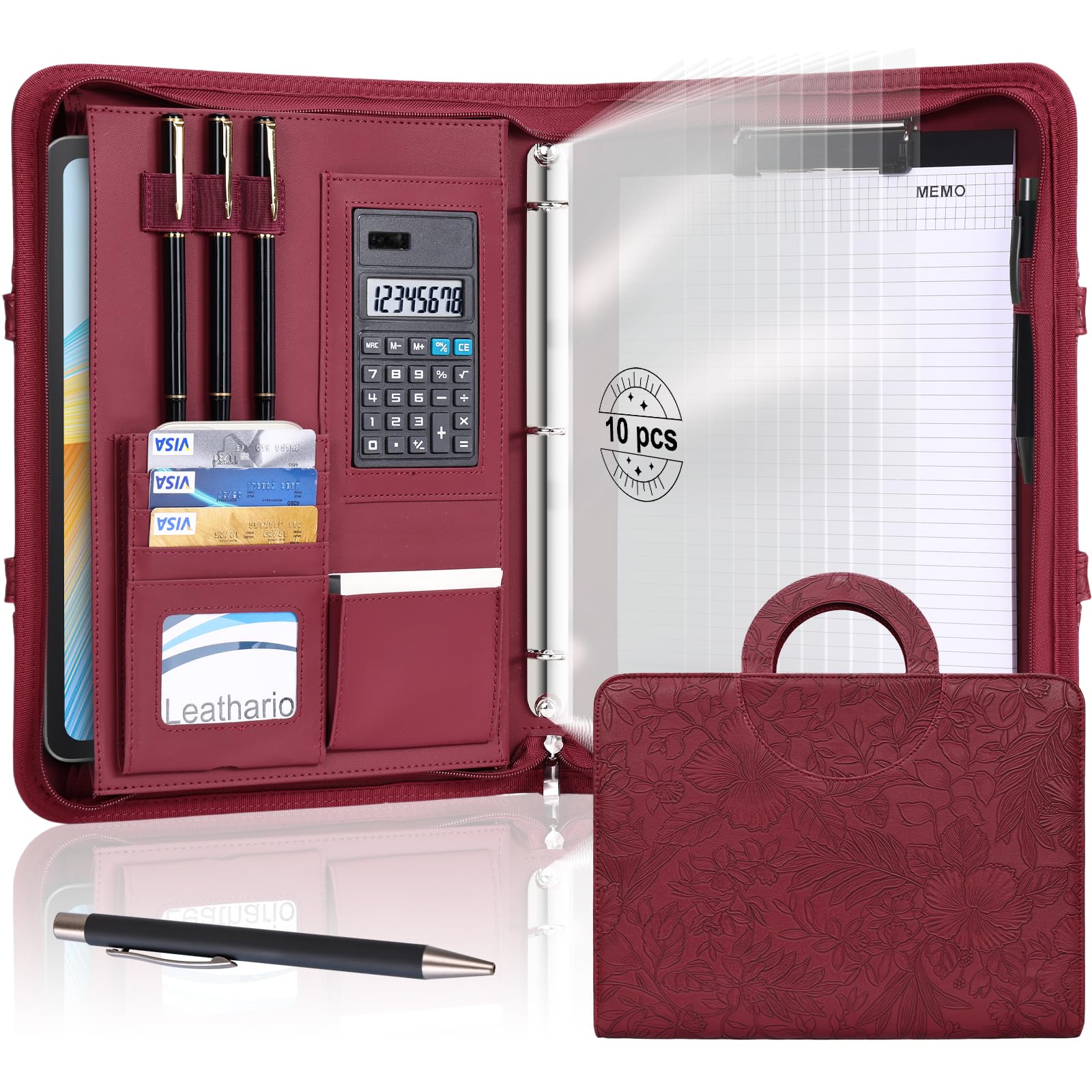 Leathario Carpeta de cartera con asa, carpeta con cremallera y carpeta de 3 anillas, incluye 1 bolígrafo y 10 divisores, piel sintética vegana, se adapta a tabletas de 13 pulgadas, calculadora solar